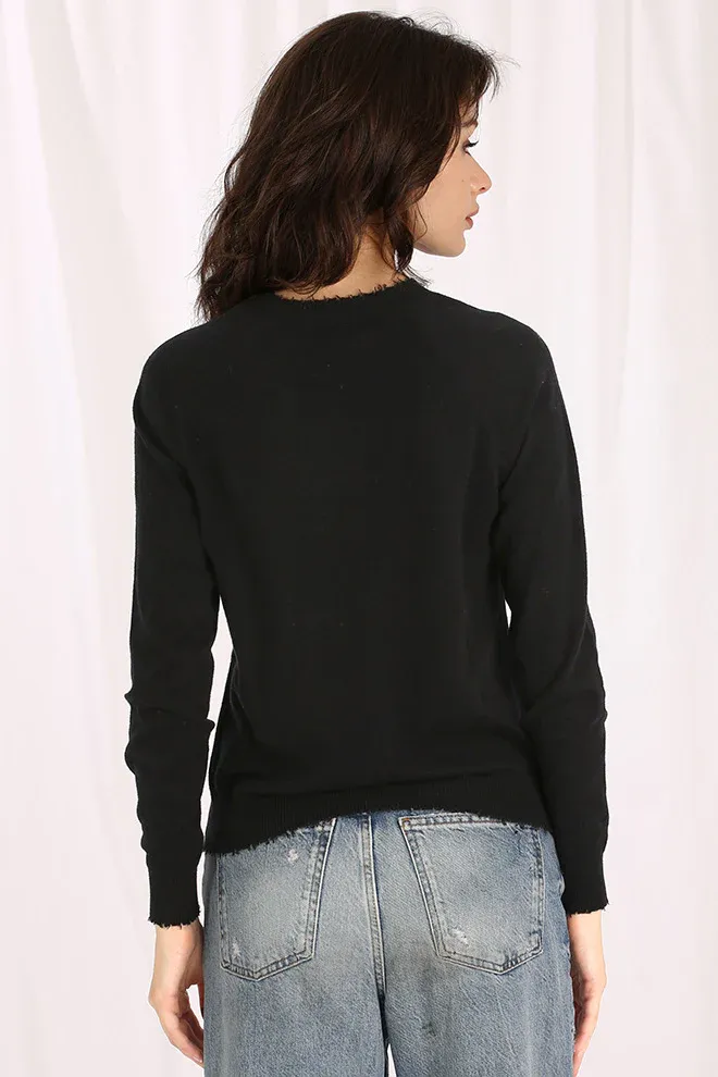 minnie rose cotton/cashmere frayed edge crew