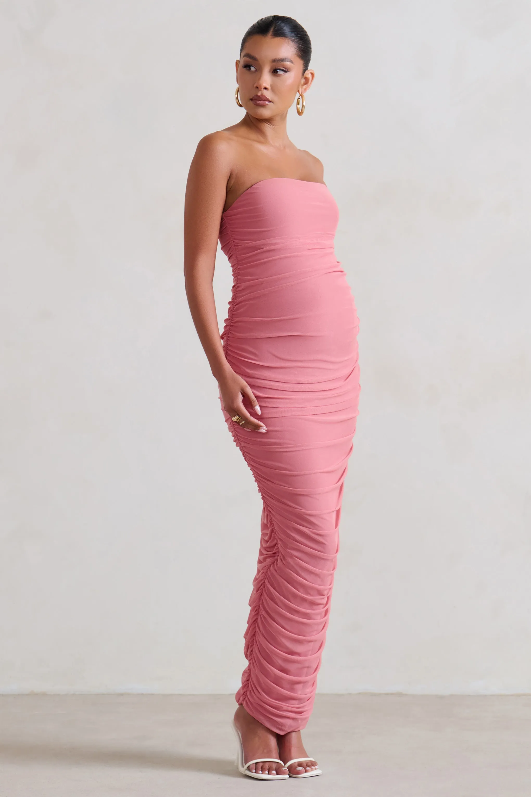 My Lady | Maternity Blush Pink Strapless Bodycon Ruched Mesh Maxi Dress