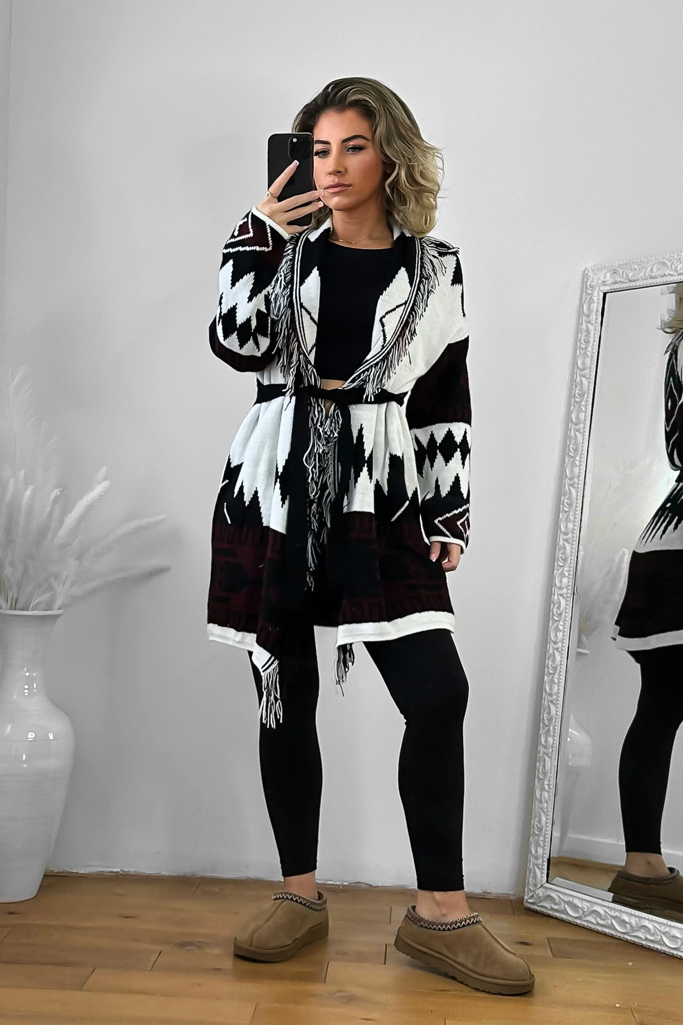 Native Print Fringed Waist Tie Thick Knit Cardigan