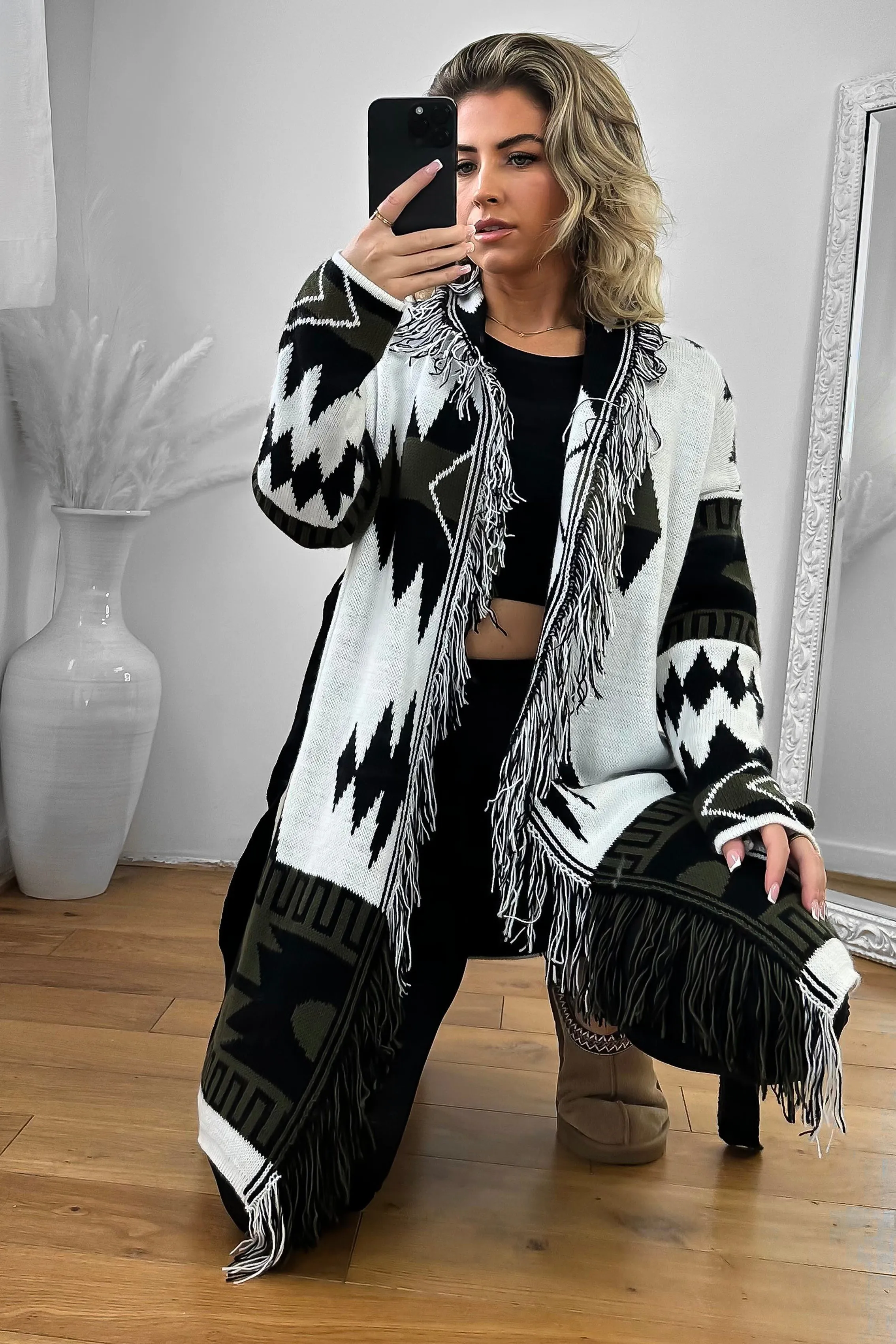 Native Print Fringed Waist Tie Thick Knit Cardigan