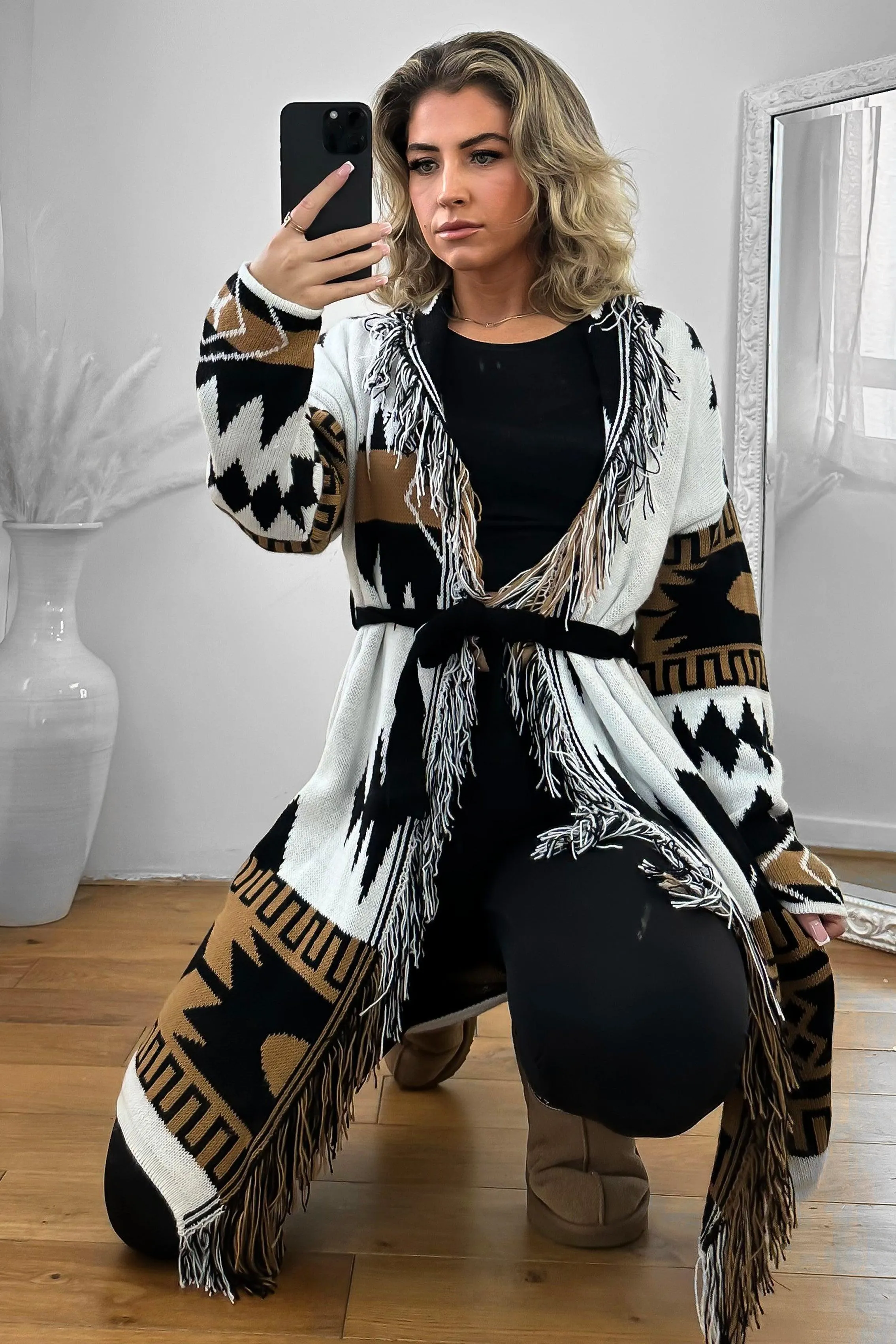 Native Print Fringed Waist Tie Thick Knit Cardigan