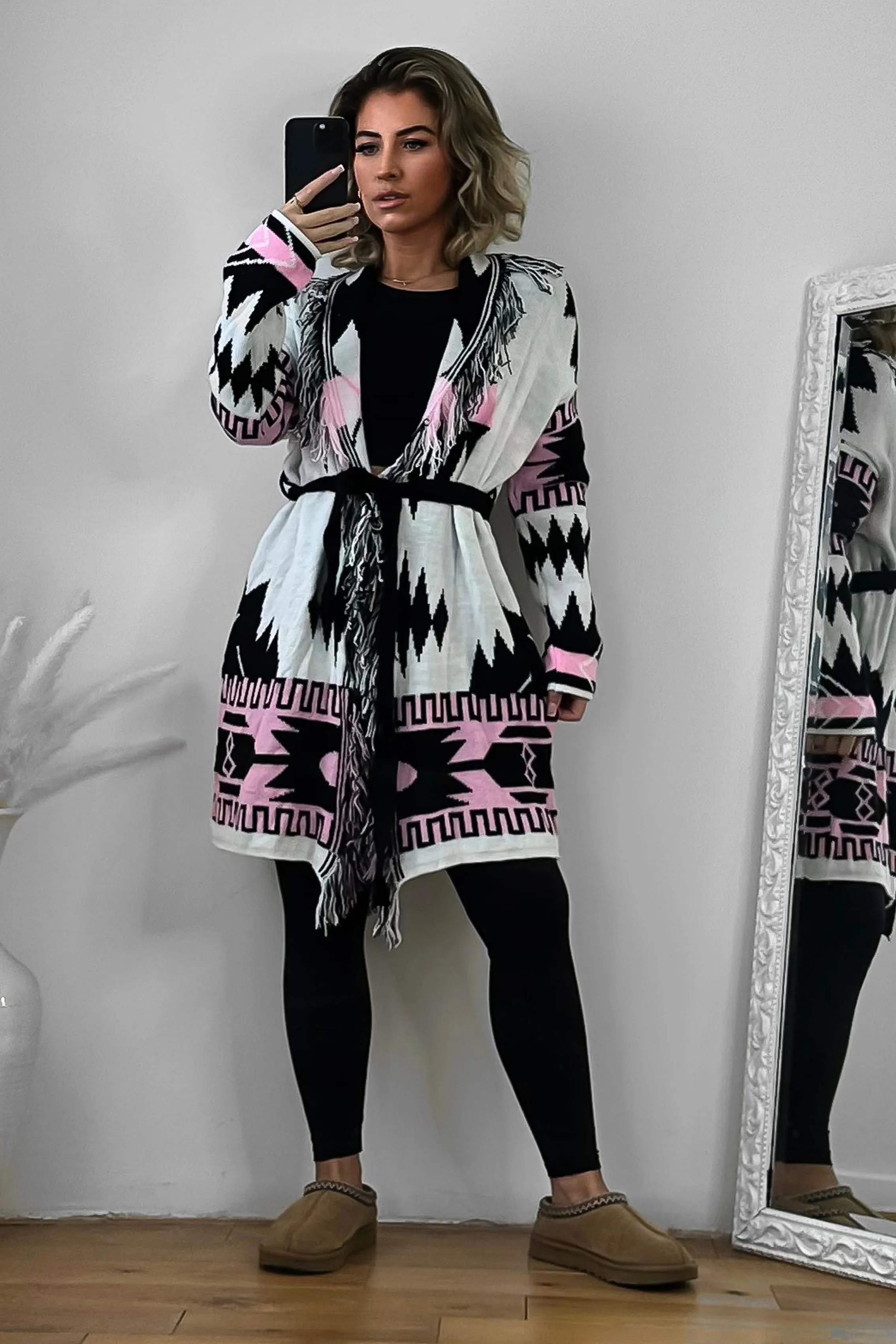 Native Print Fringed Waist Tie Thick Knit Cardigan