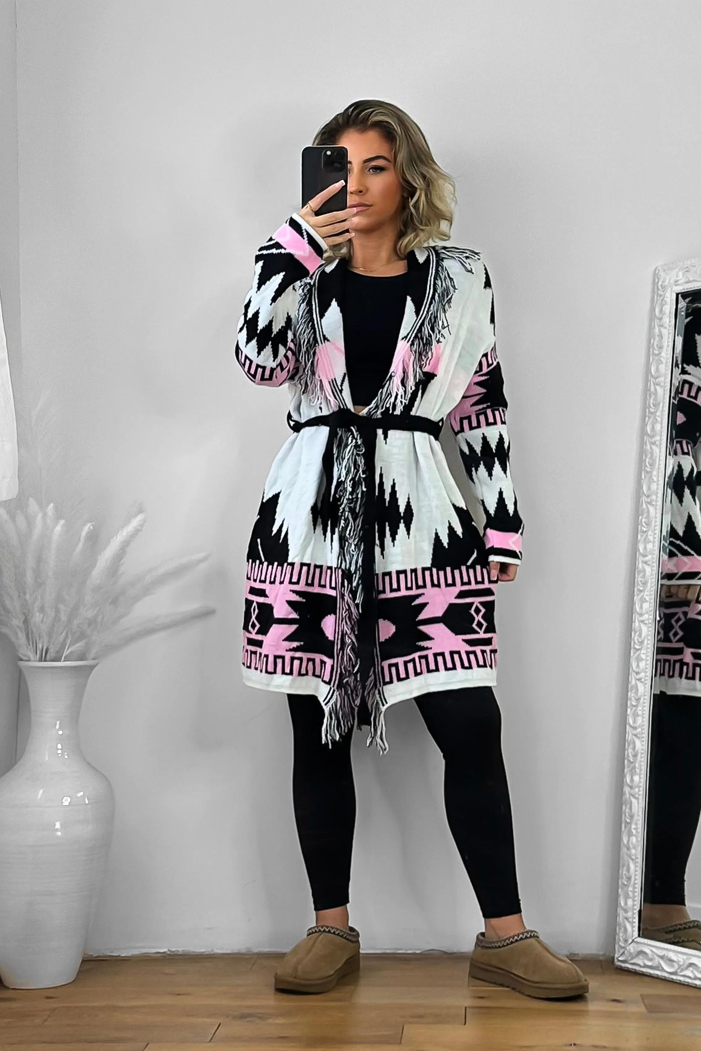 Native Print Fringed Waist Tie Thick Knit Cardigan