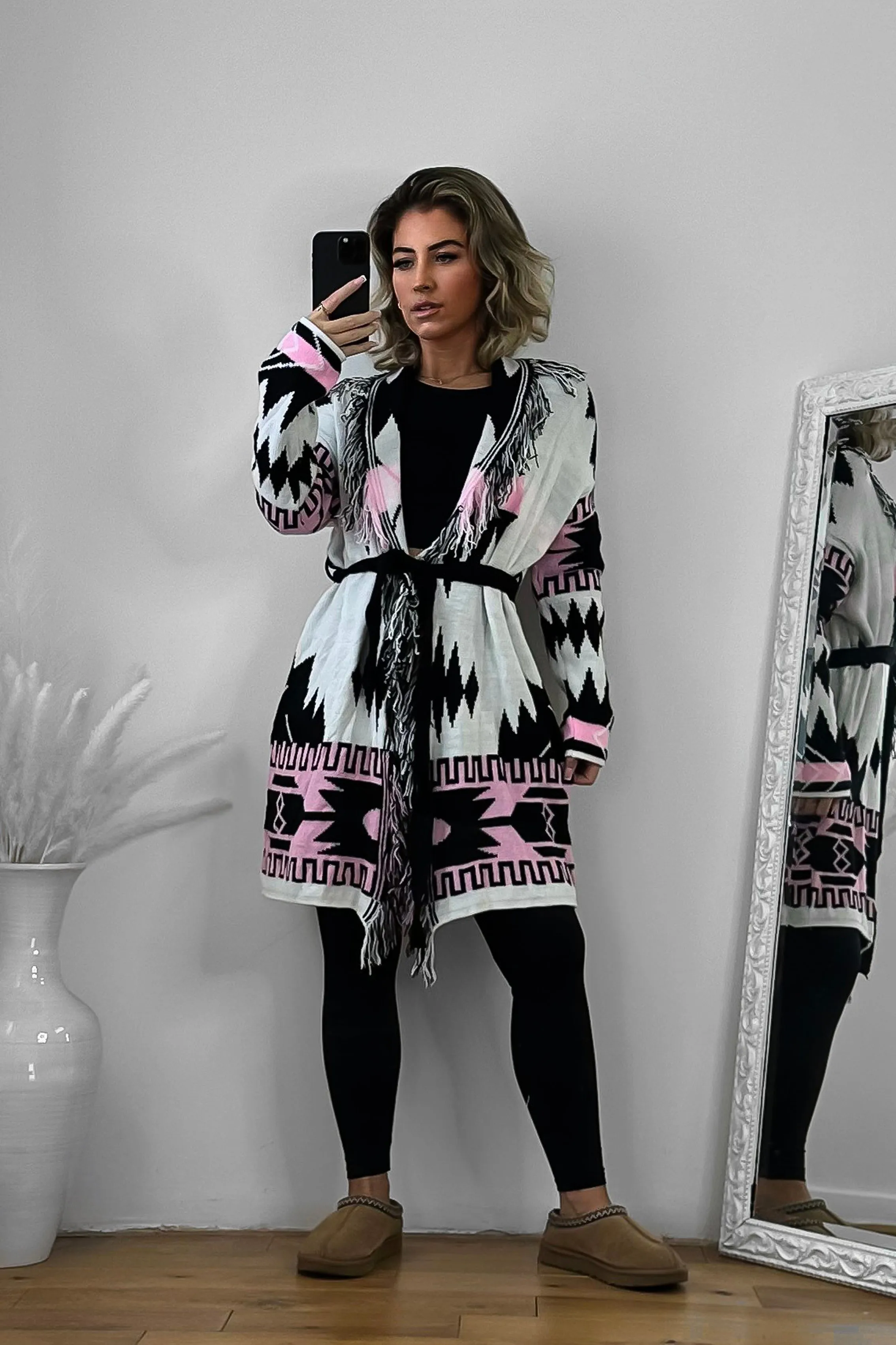 Native Print Fringed Waist Tie Thick Knit Cardigan