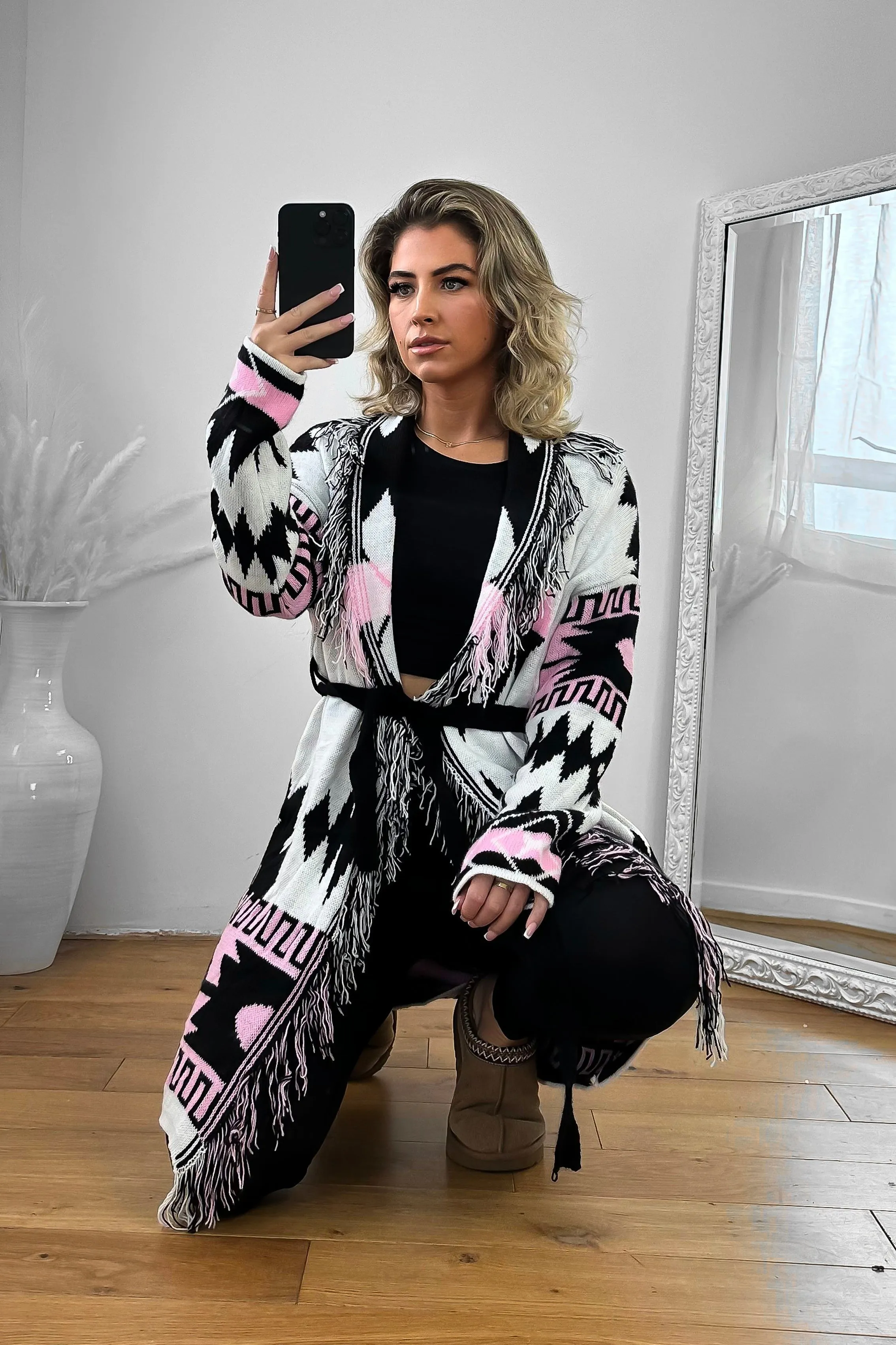 Native Print Fringed Waist Tie Thick Knit Cardigan