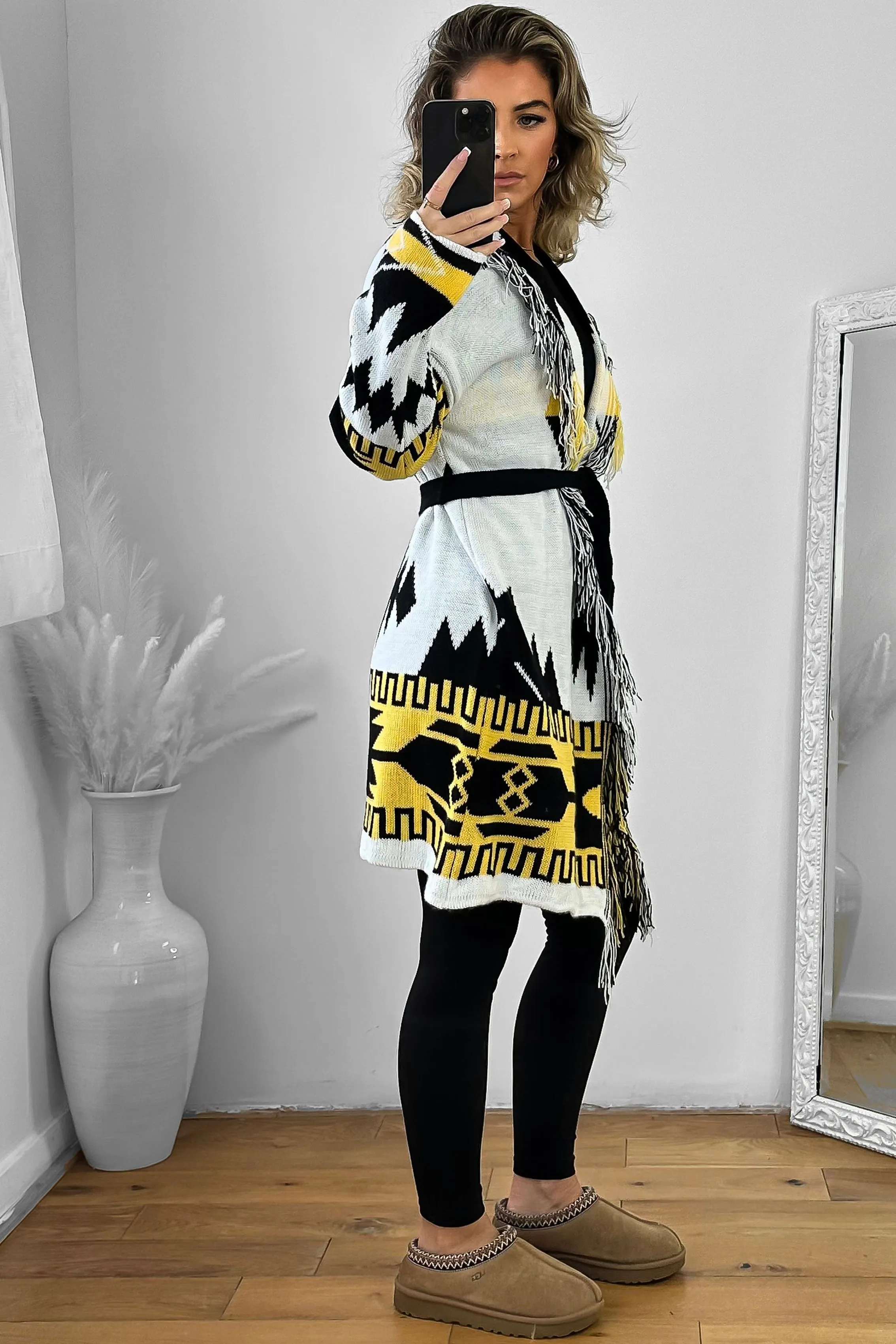 Native Print Fringed Waist Tie Thick Knit Cardigan