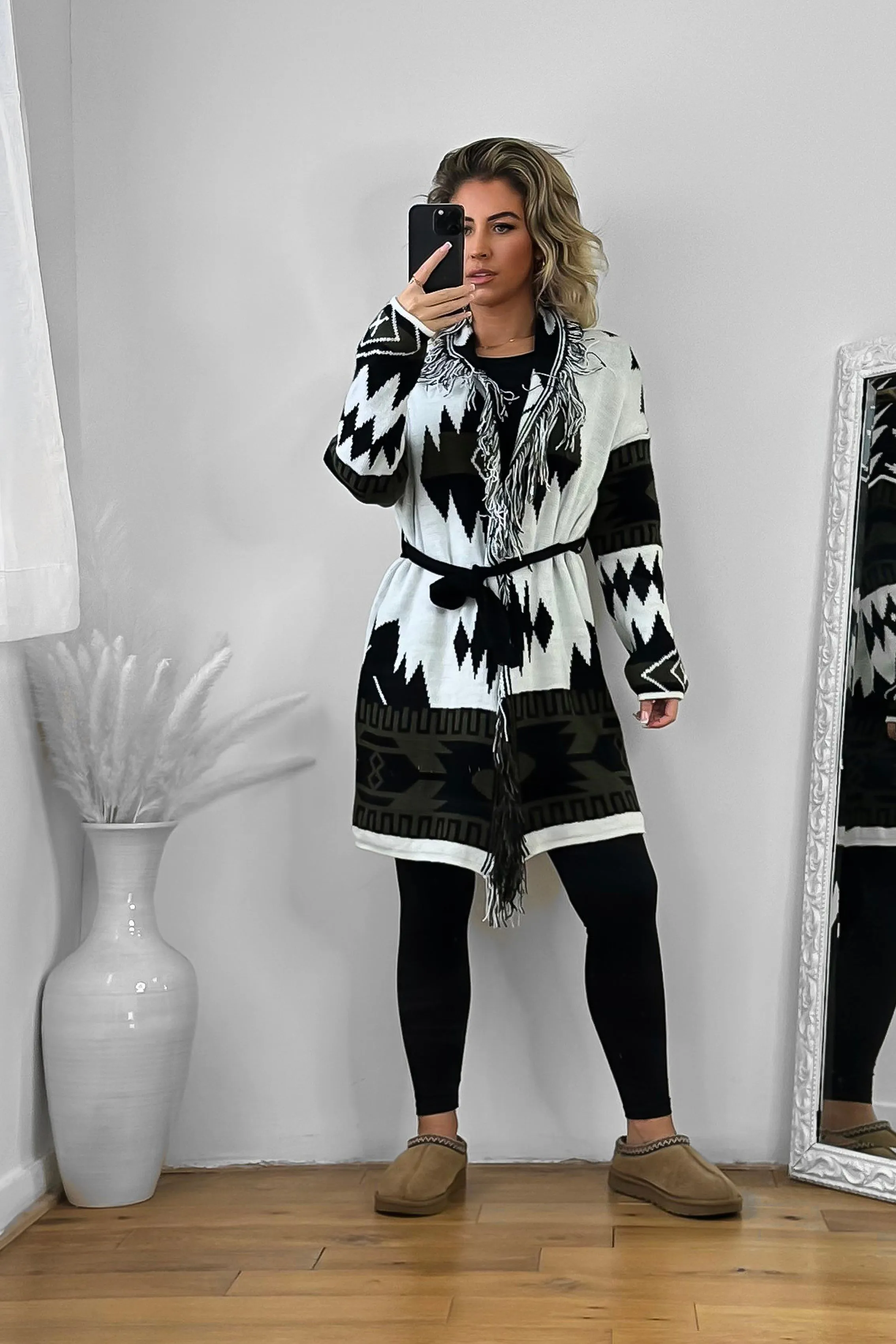 Native Print Fringed Waist Tie Thick Knit Cardigan