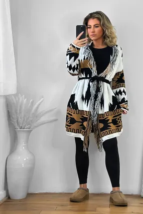 Native Print Fringed Waist Tie Thick Knit Cardigan