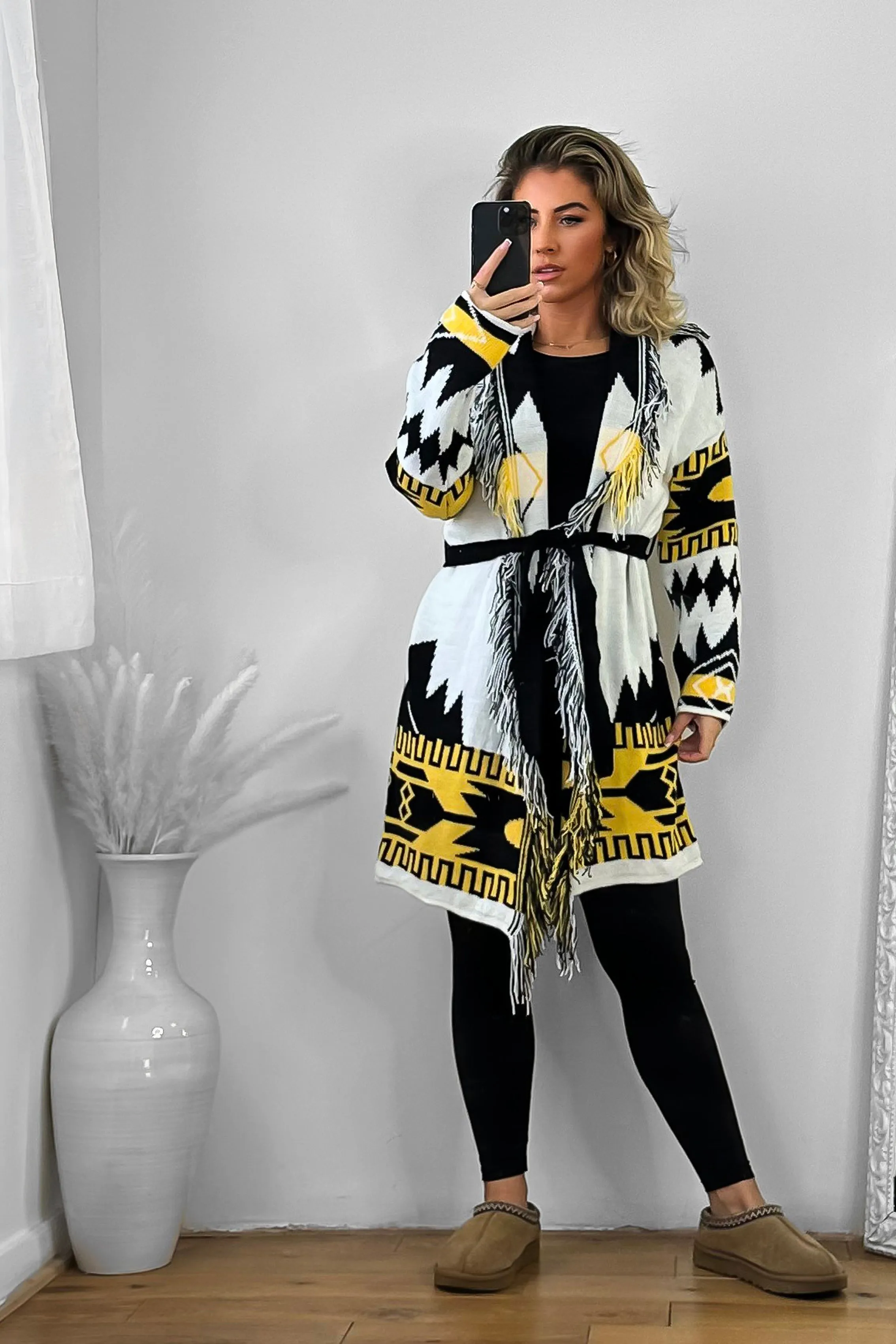 Native Print Fringed Waist Tie Thick Knit Cardigan