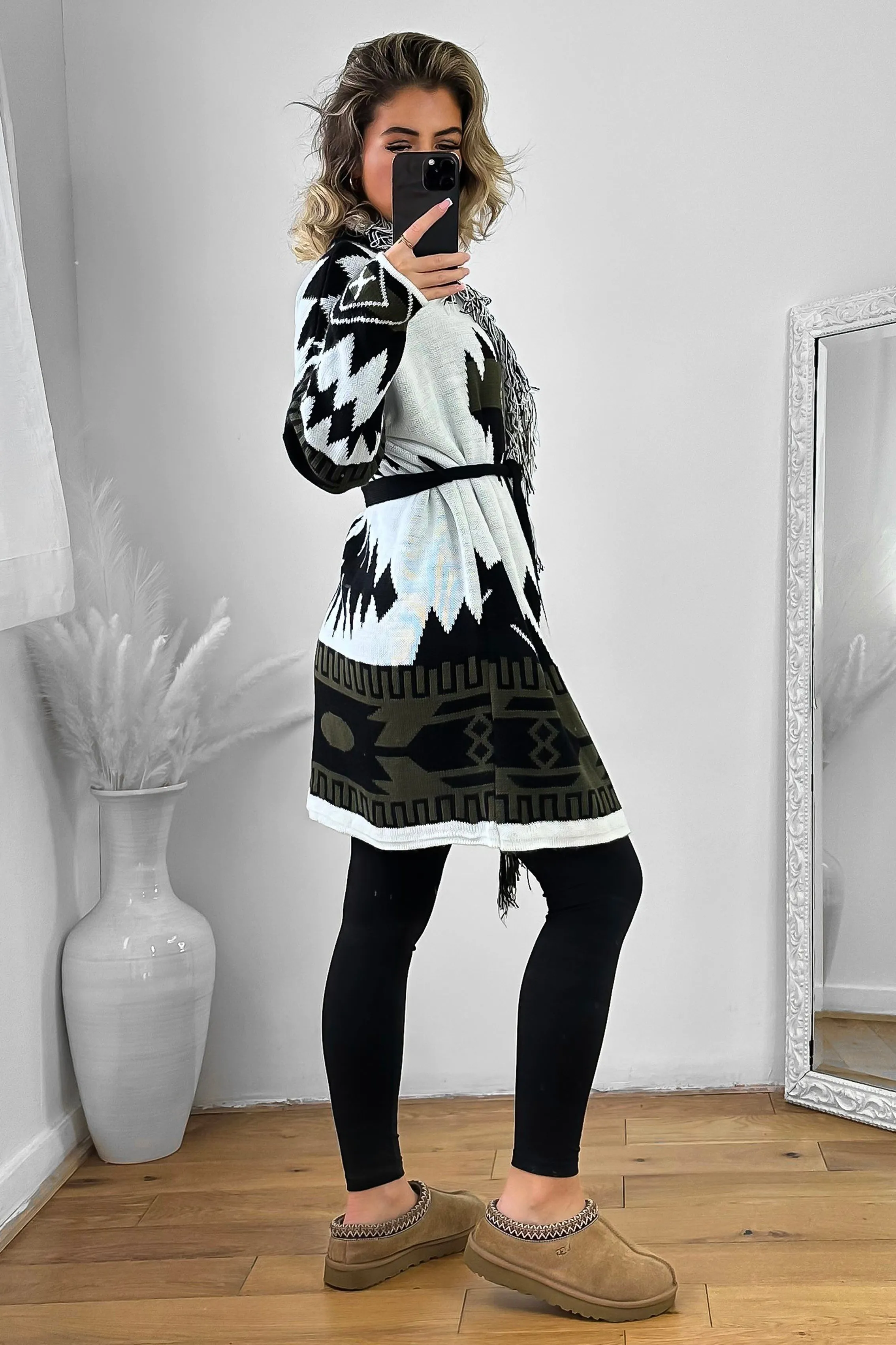 Native Print Fringed Waist Tie Thick Knit Cardigan