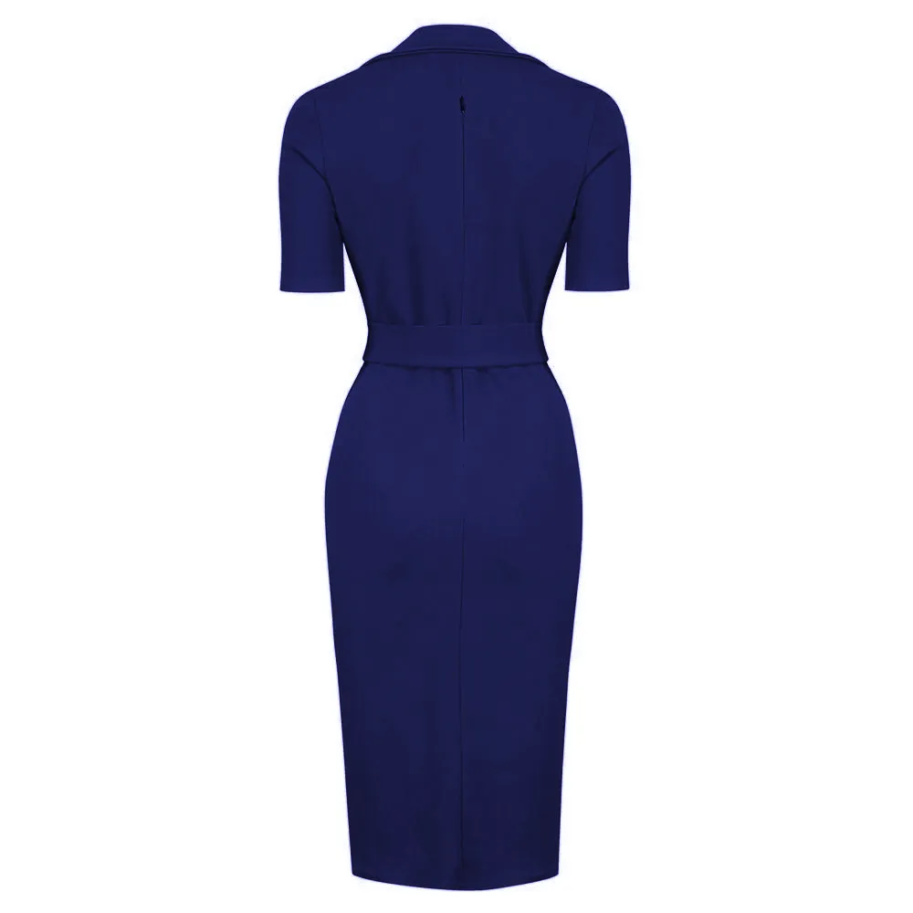 Navy Blue Belted Half Sleeve Collared Wiggle Dress