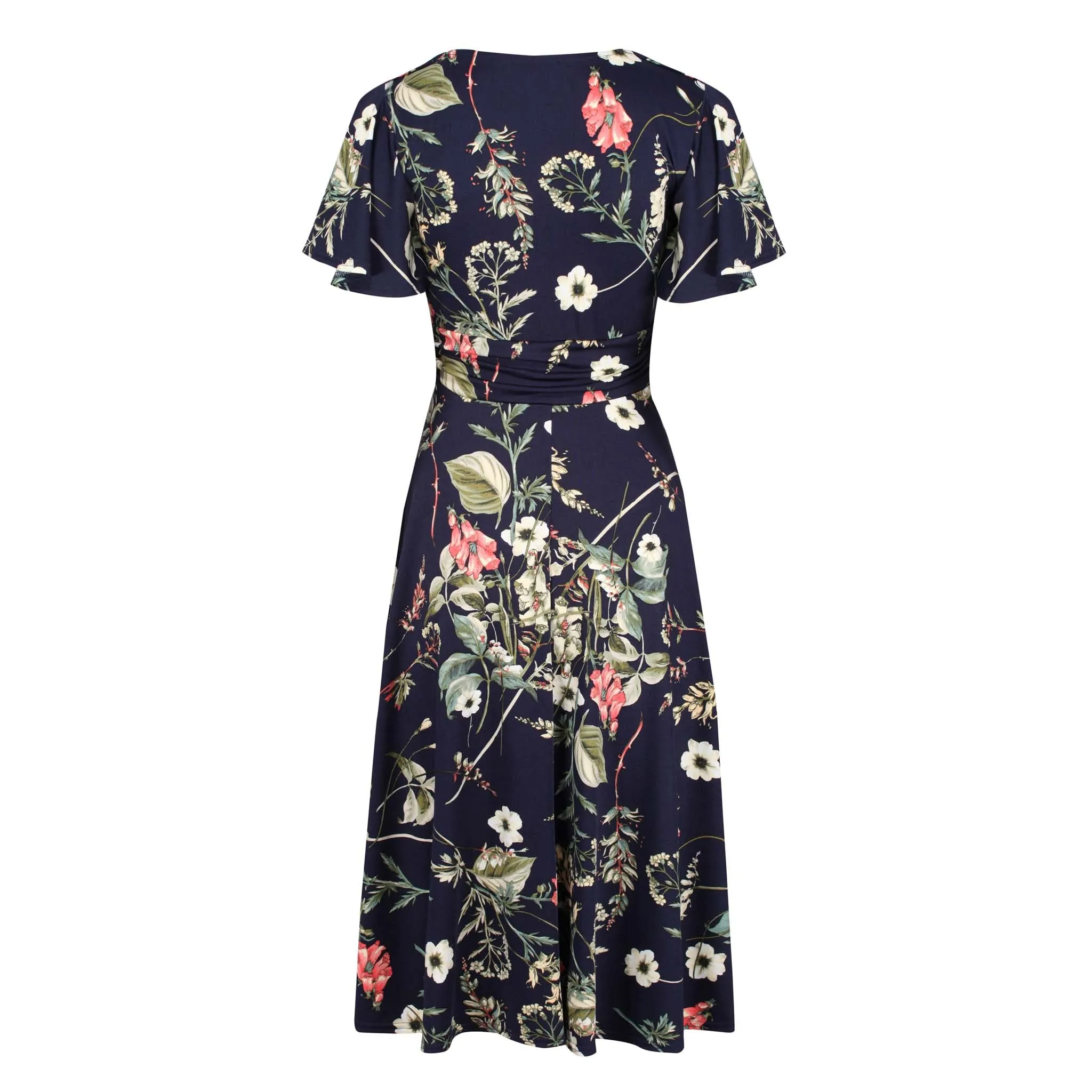 Navy Blue Floral Print Cap Sleeve V Neck Wrap Top Swing Dress