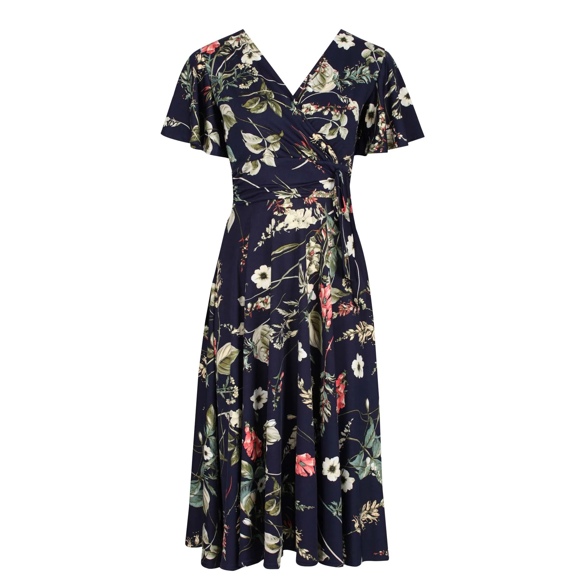 Navy Blue Floral Print Cap Sleeve V Neck Wrap Top Swing Dress