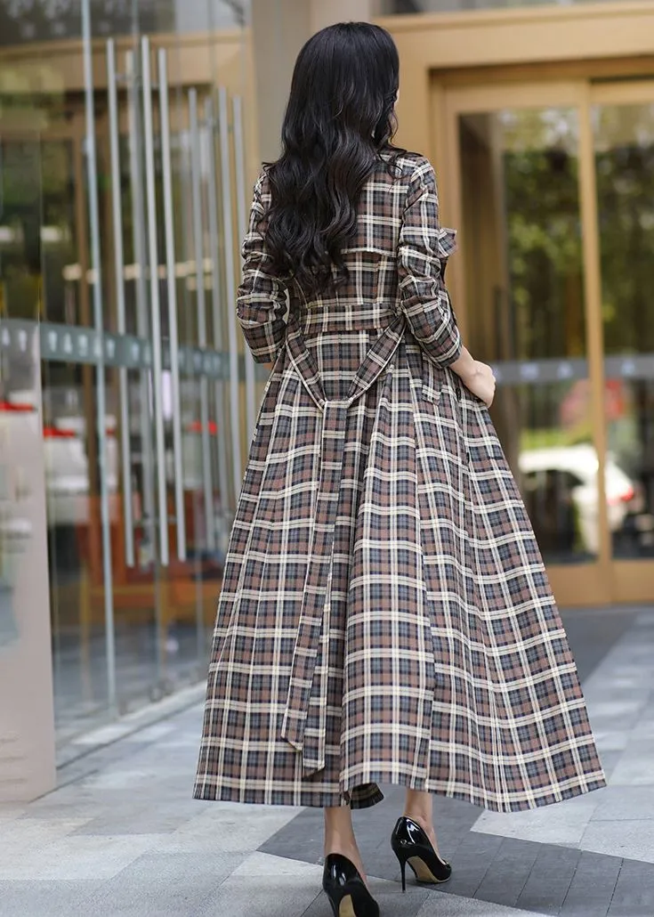 Noelle Classic Plaid Pattern Double Breasted Maxi Trench Coat