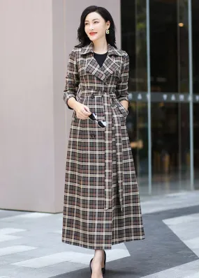 Noelle Classic Plaid Pattern Double Breasted Maxi Trench Coat