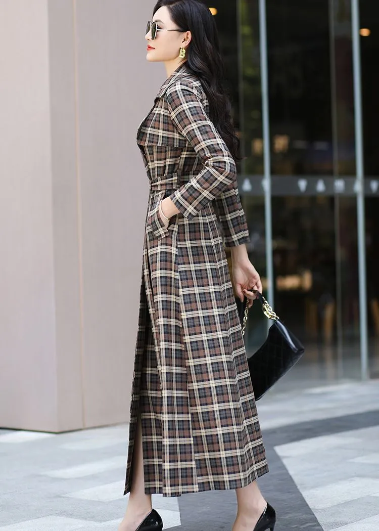 Noelle Classic Plaid Pattern Double Breasted Maxi Trench Coat