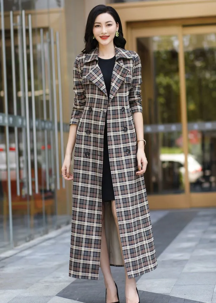 Noelle Classic Plaid Pattern Double Breasted Maxi Trench Coat