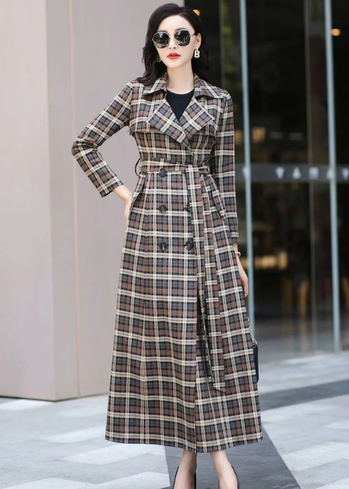 Noelle Classic Plaid Pattern Double Breasted Maxi Trench Coat