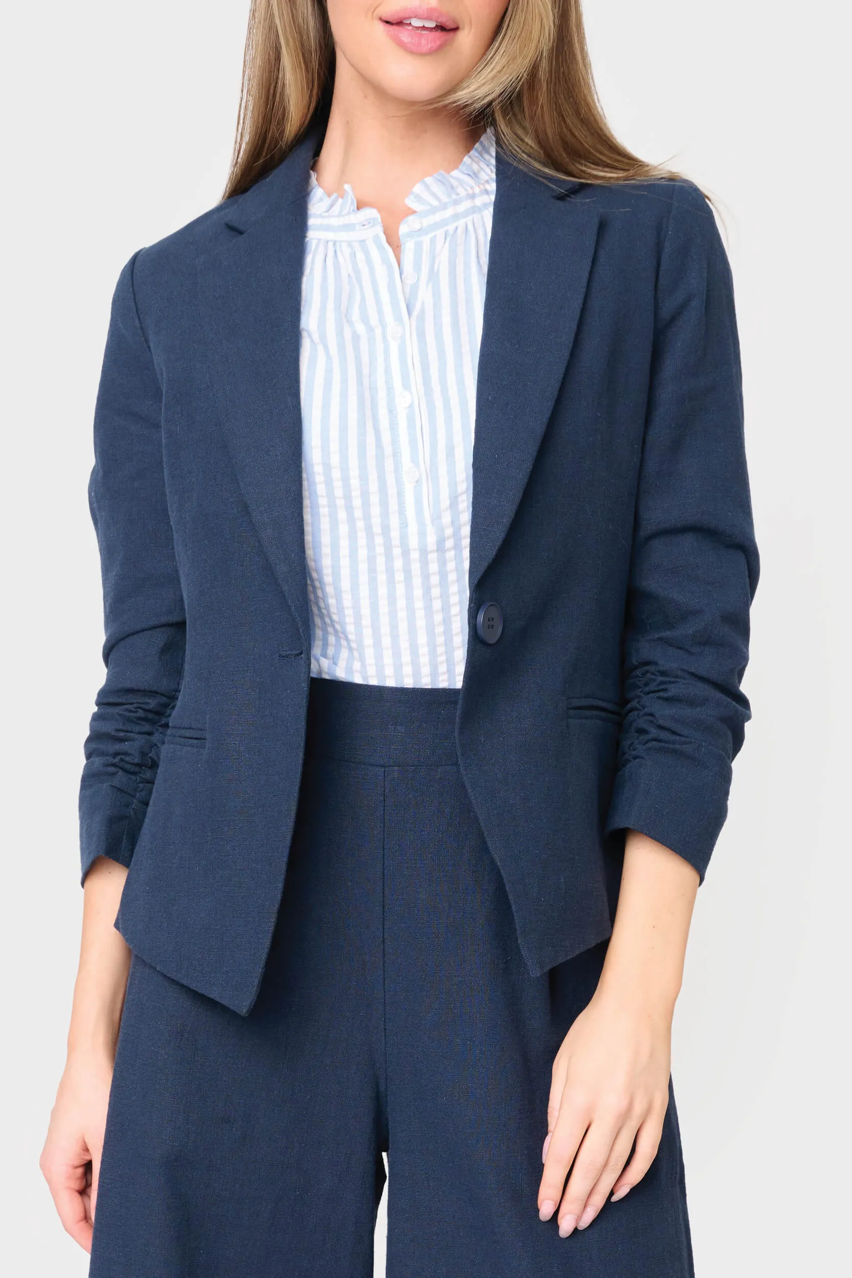 Notch Collar Linen Blazer with Rouched Sleeve