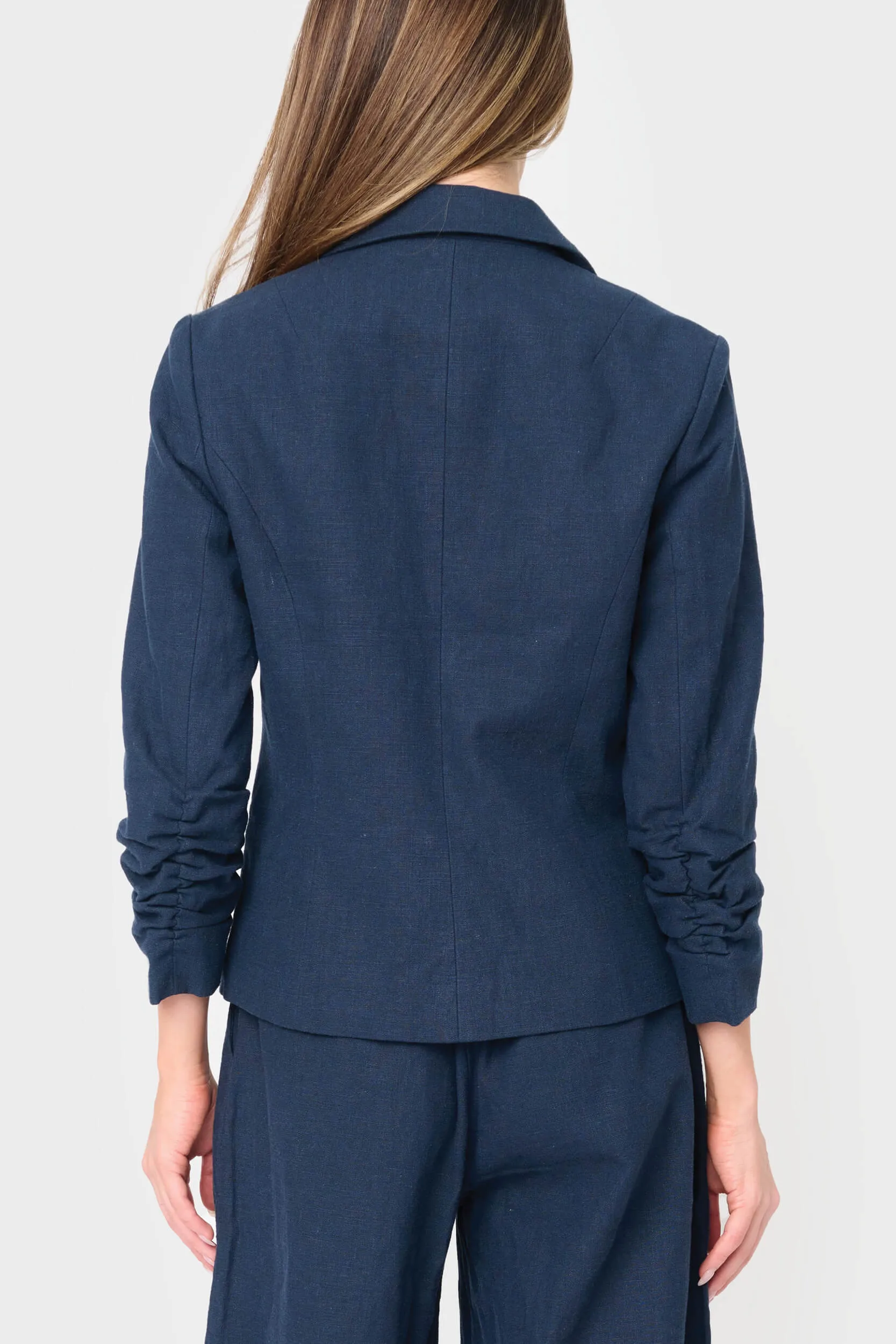 Notch Collar Linen Blazer with Rouched Sleeve