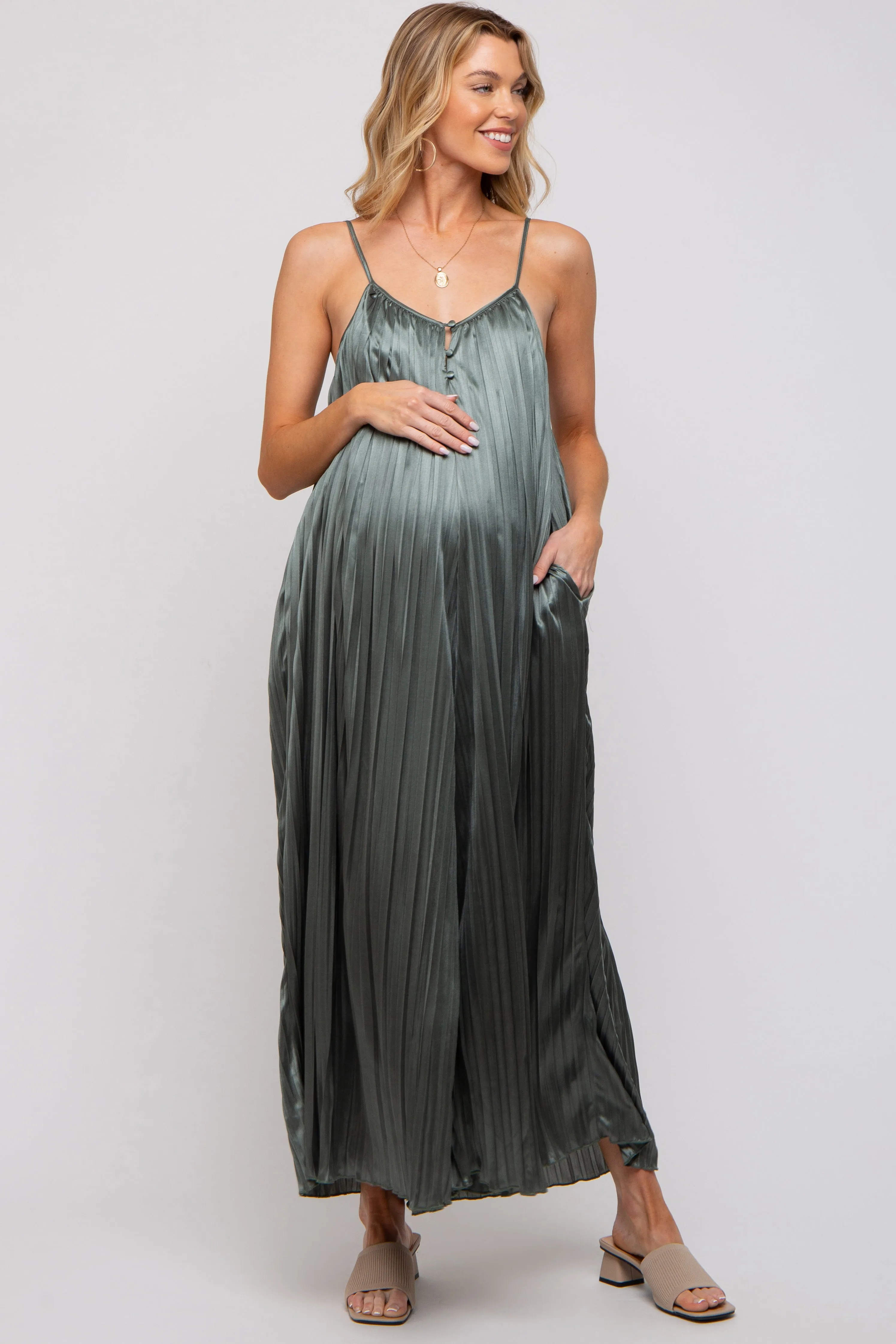 Olive Pleated Wide Leg Sleeveless Maternity Jumpsuit