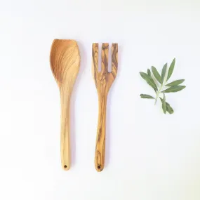 Olive Wood Salad Utensils - Large Fork & Spoon Bundle