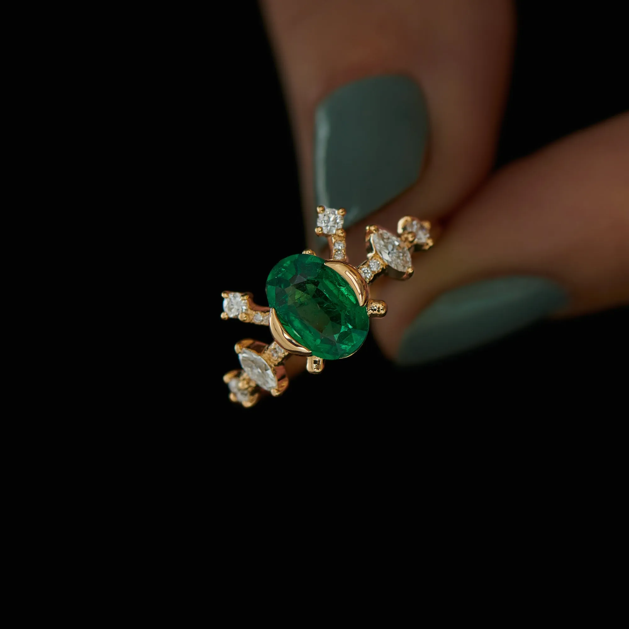 Oval Emerald Marquise & Brilliant Diamond Engagement Ring