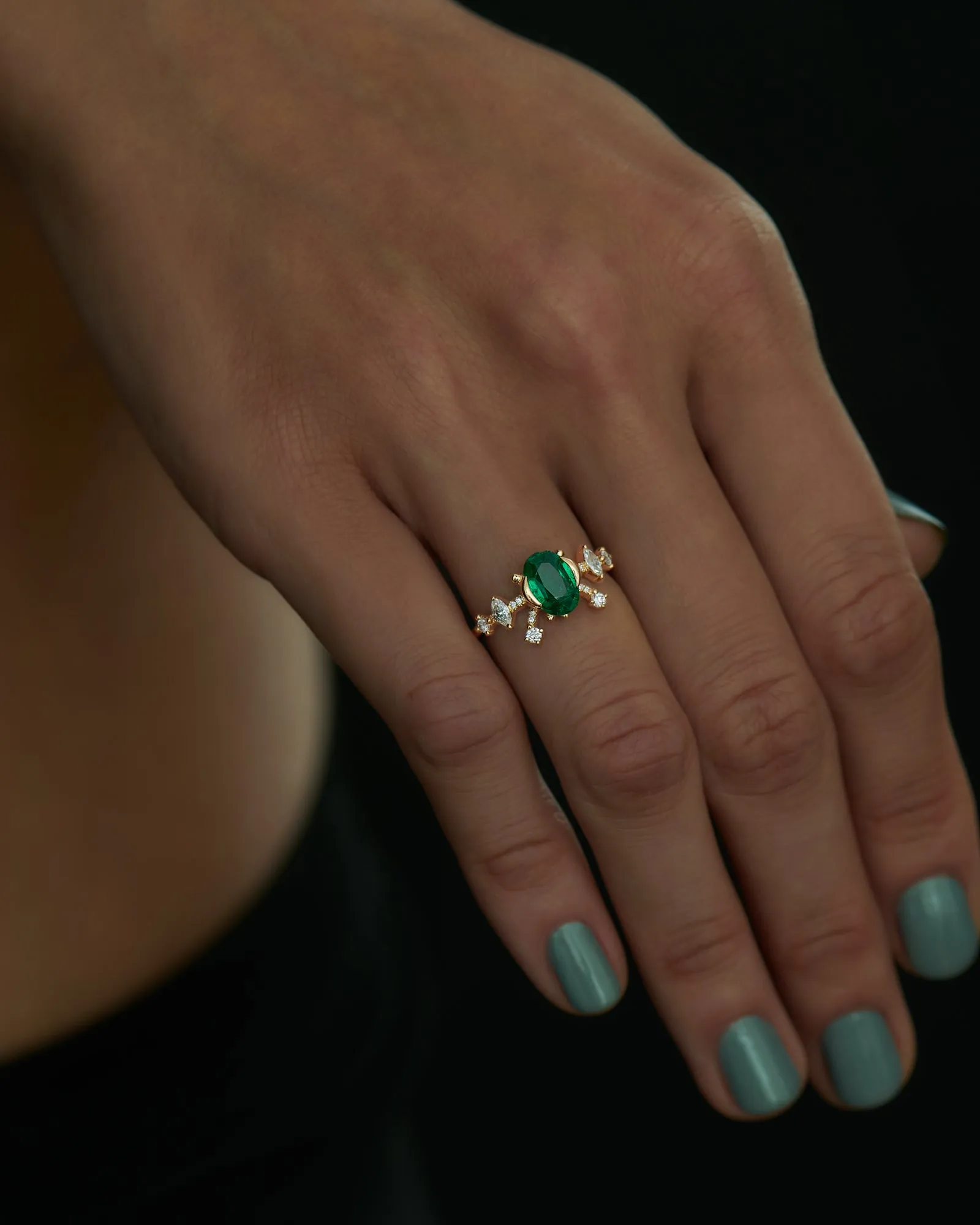 Oval Emerald Marquise & Brilliant Diamond Engagement Ring