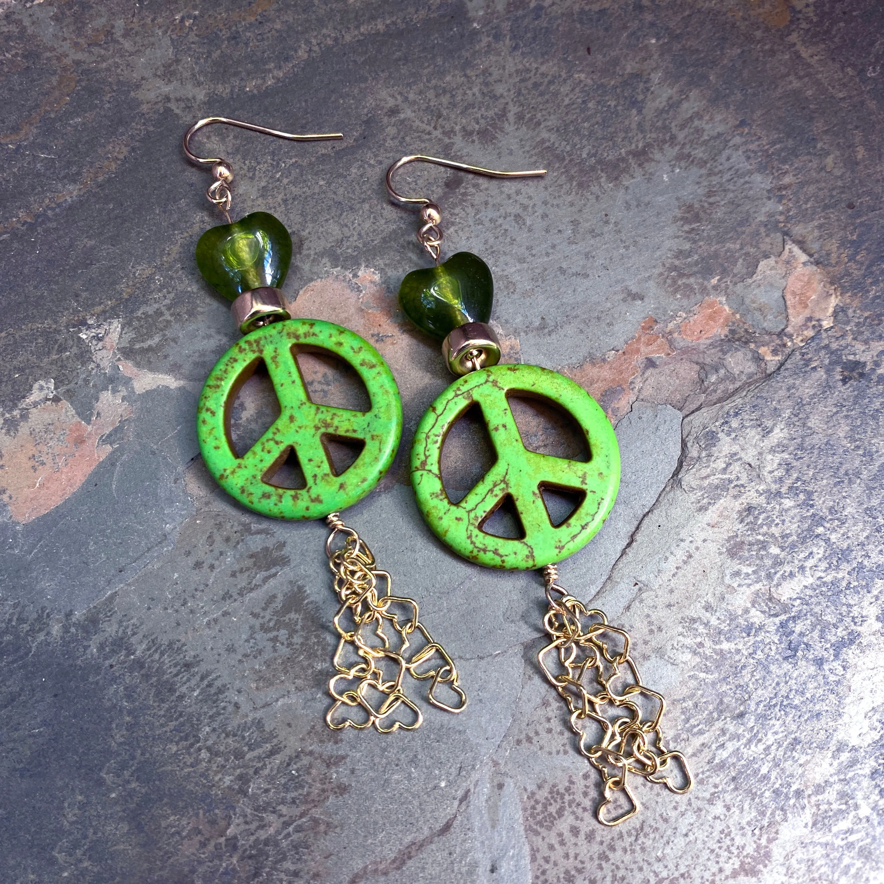 Peace Sign and Various Gemstone Heart Earrings