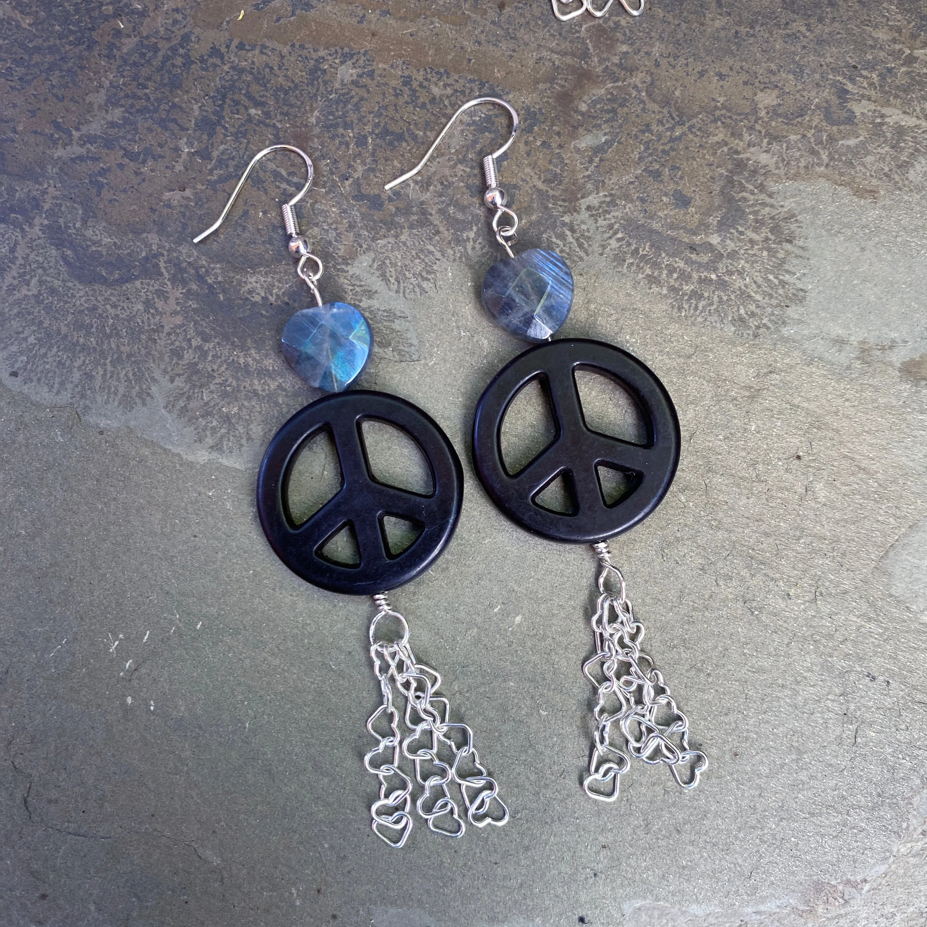 Peace Sign and Various Gemstone Heart Earrings