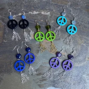 Peace Sign and Various Gemstone Heart Earrings