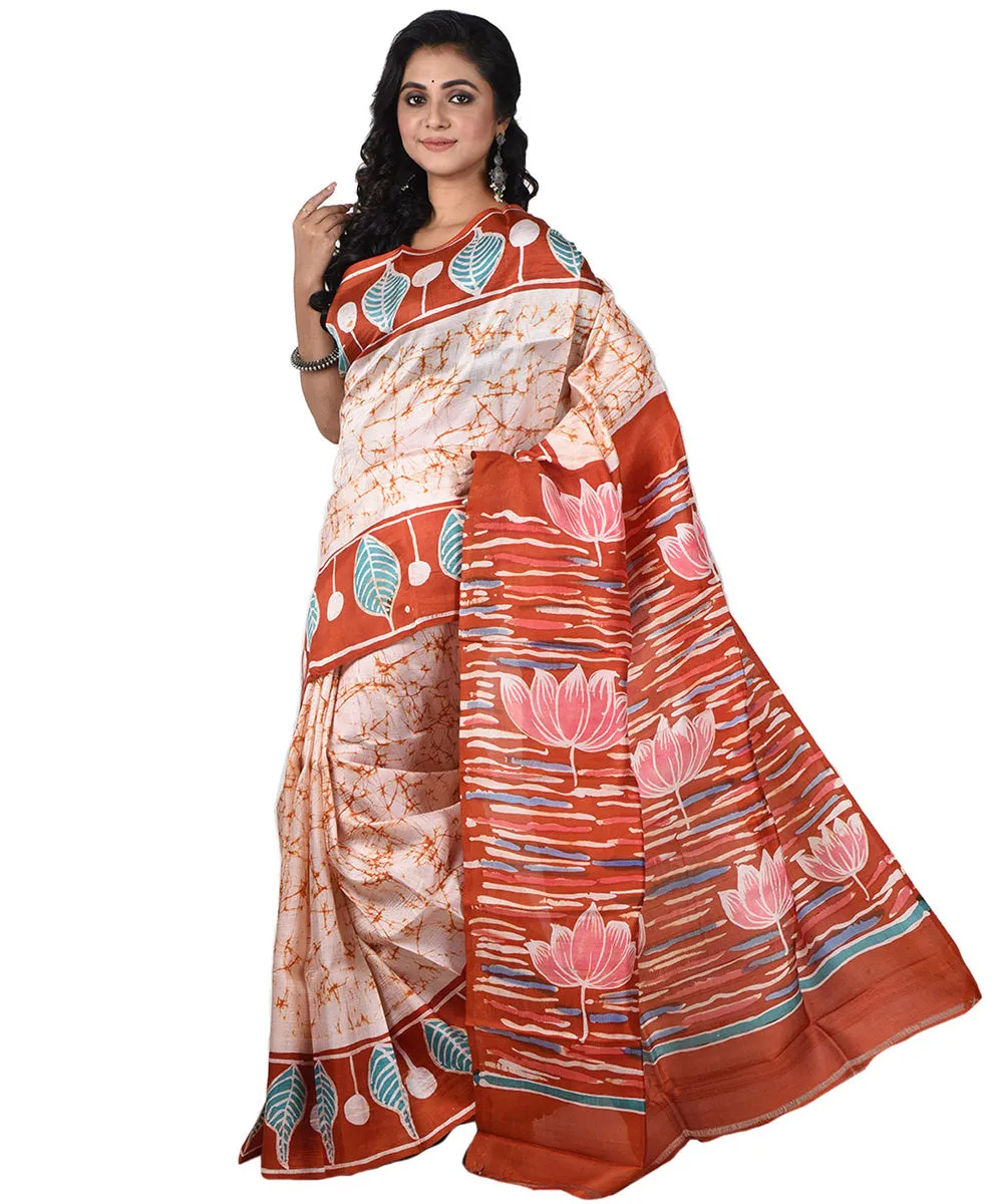 Peach maroon silk handloom batik print saree