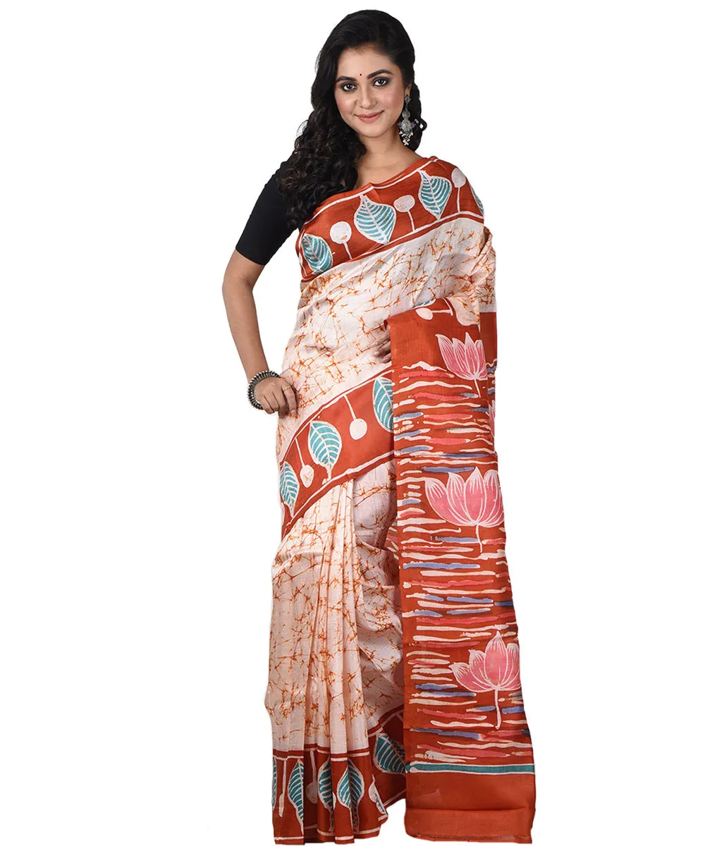 Peach maroon silk handloom batik print saree