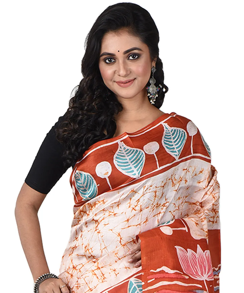 Peach maroon silk handloom batik print saree