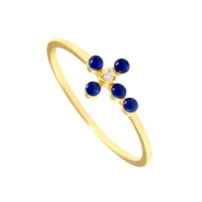 Pearled Cross Diamond Lapis Ring, Yellow Gold, Size 6.75