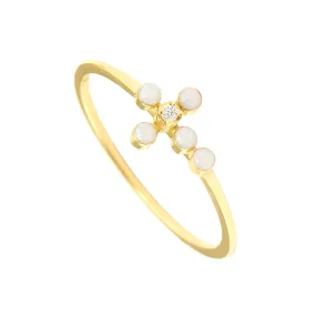 Pearled Cross Diamond Opal Ring, Yellow Gold, Size 5.25