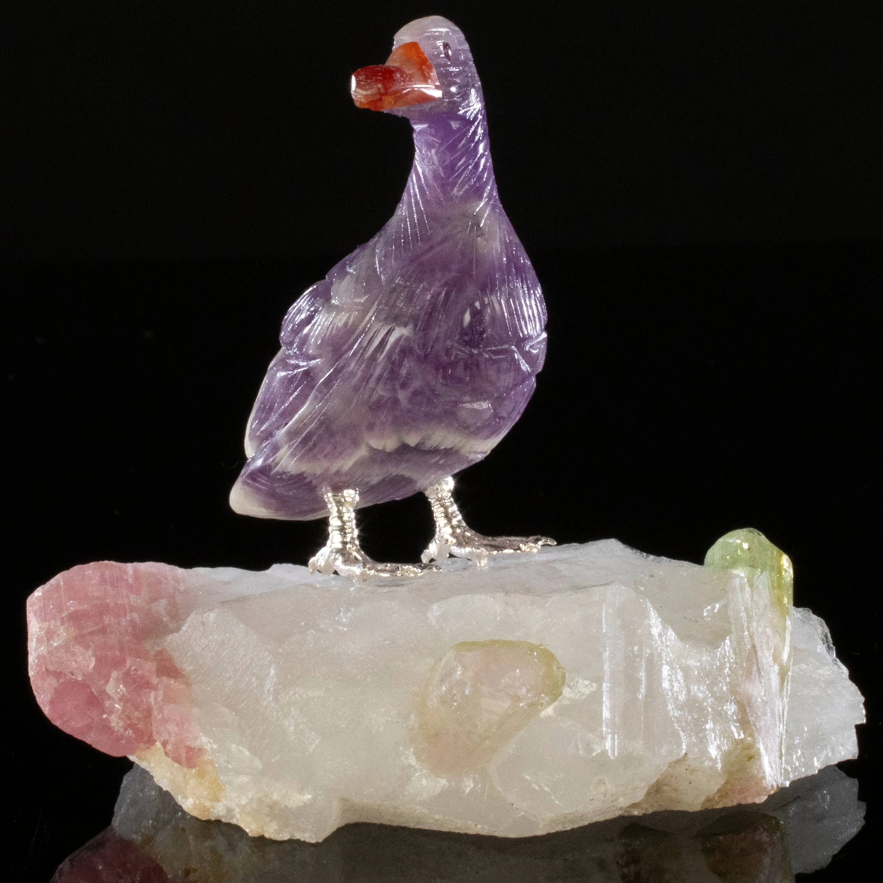 Peter Muller Chevron Amethyst Duck Love Bird Carving on Watermelon Tourmaline Base