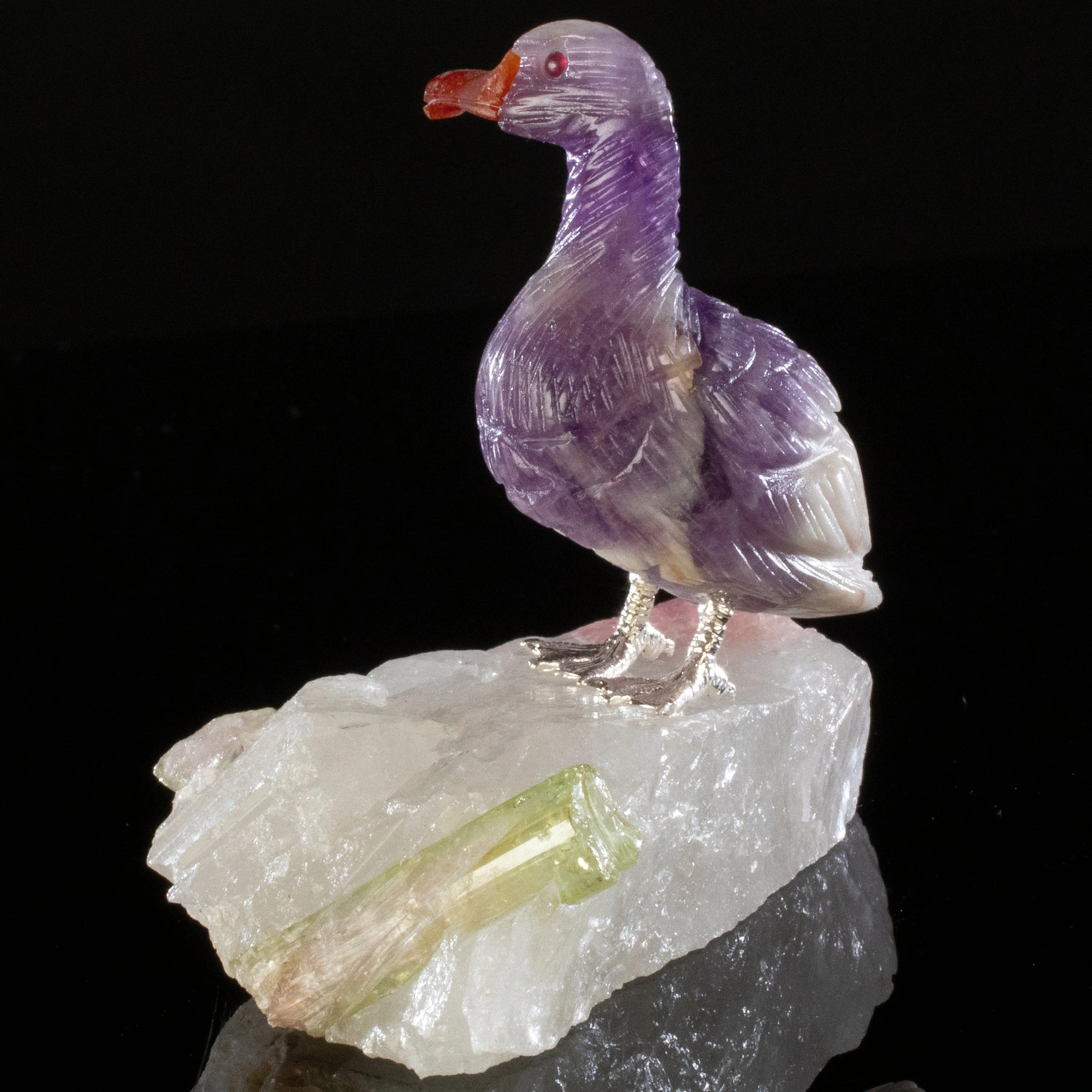 Peter Muller Chevron Amethyst Duck Love Bird Carving on Watermelon Tourmaline Base