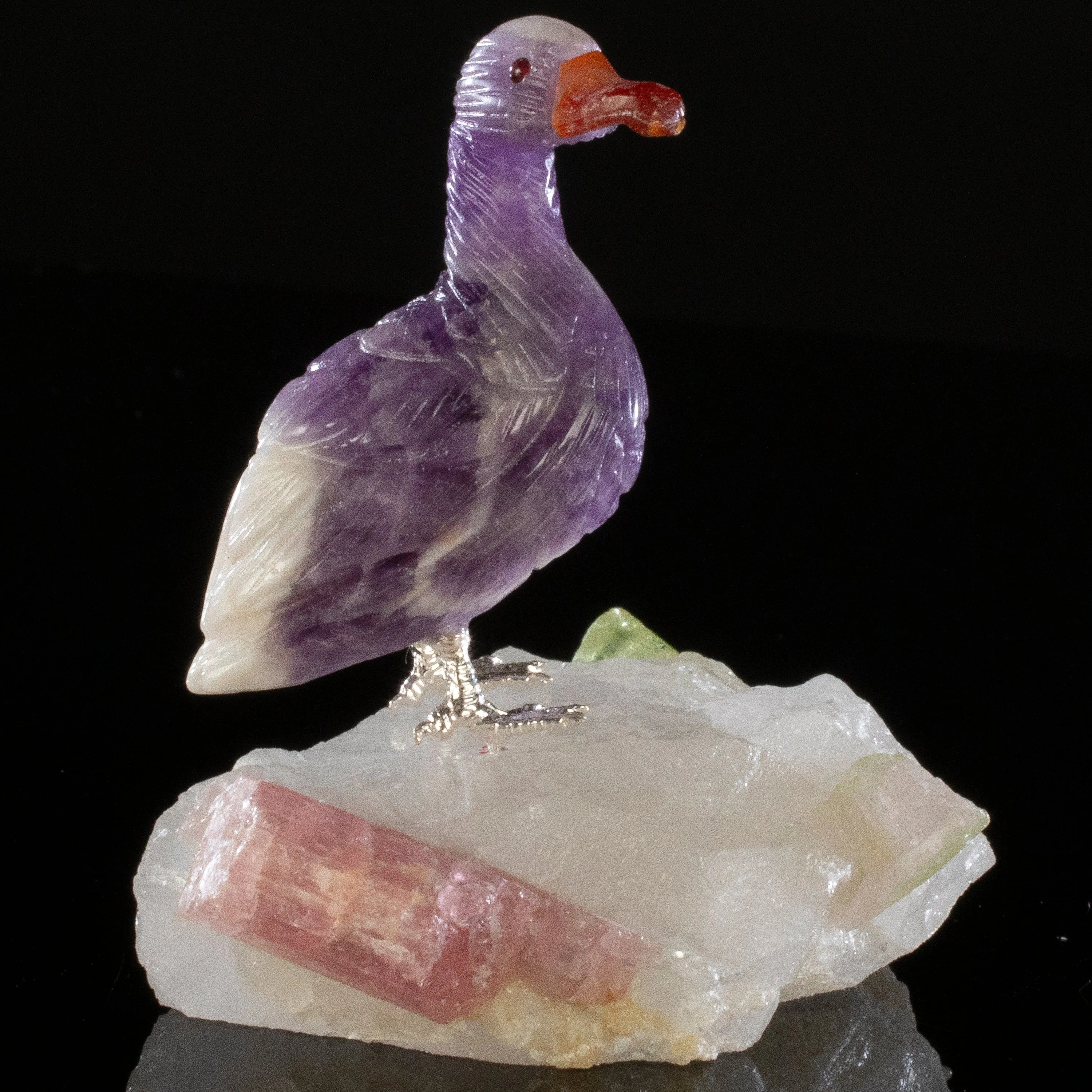 Peter Muller Chevron Amethyst Duck Love Bird Carving on Watermelon Tourmaline Base