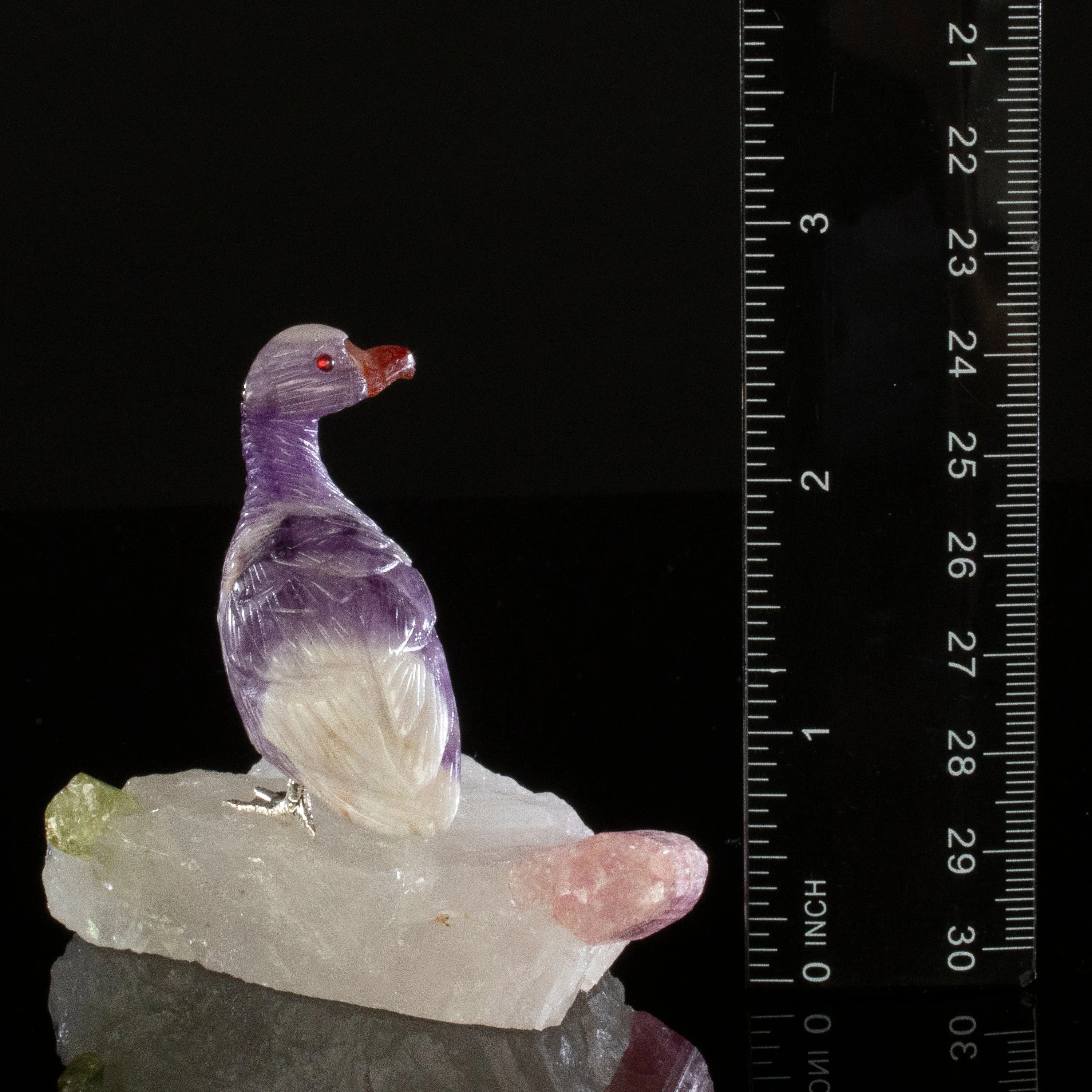 Peter Muller Chevron Amethyst Duck Love Bird Carving on Watermelon Tourmaline Base