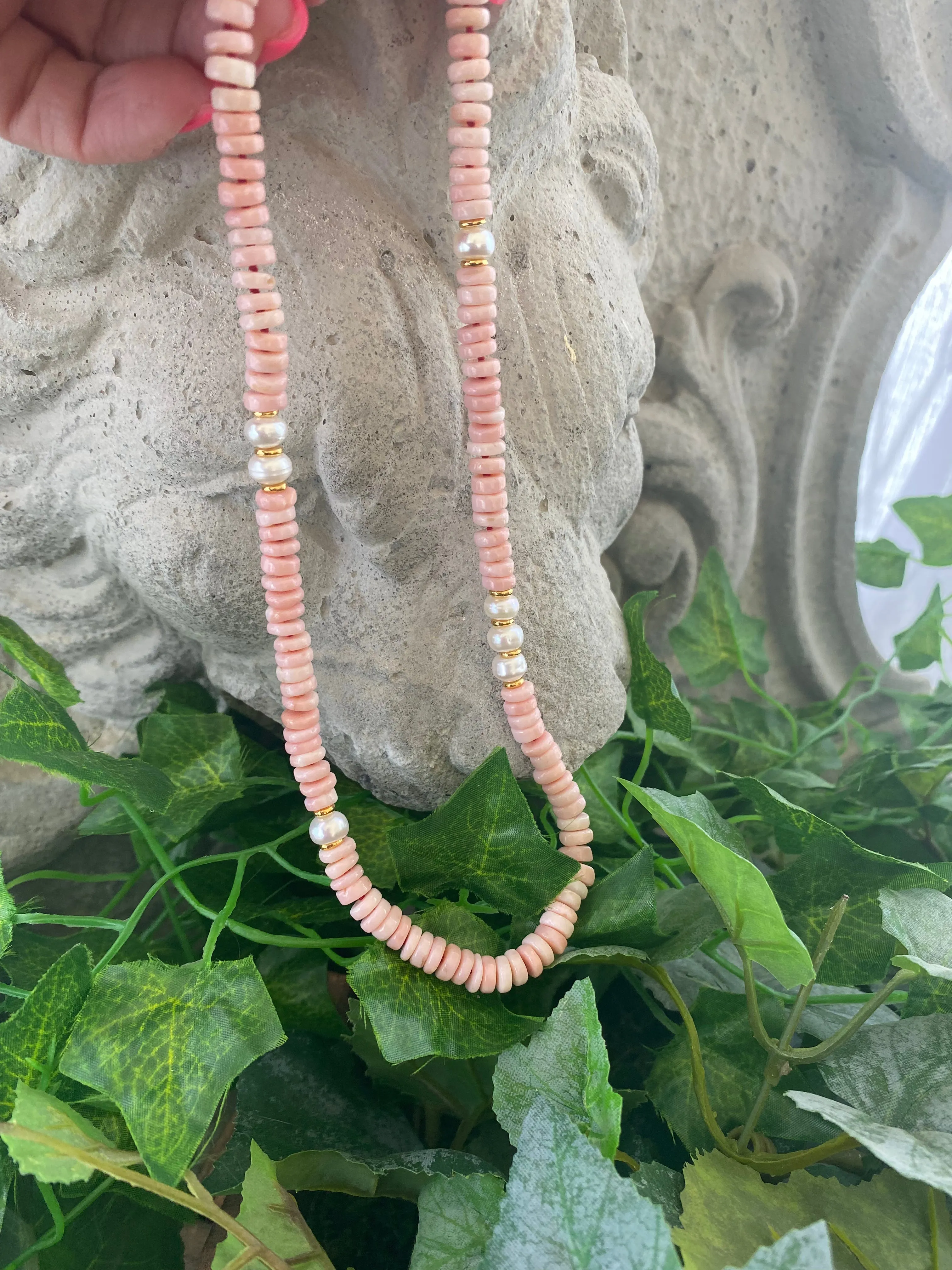 Pink Opal Tire Beads w Freshwater Pearls Necklace and Removable Baroque Pearl Pendant, 17.5inches