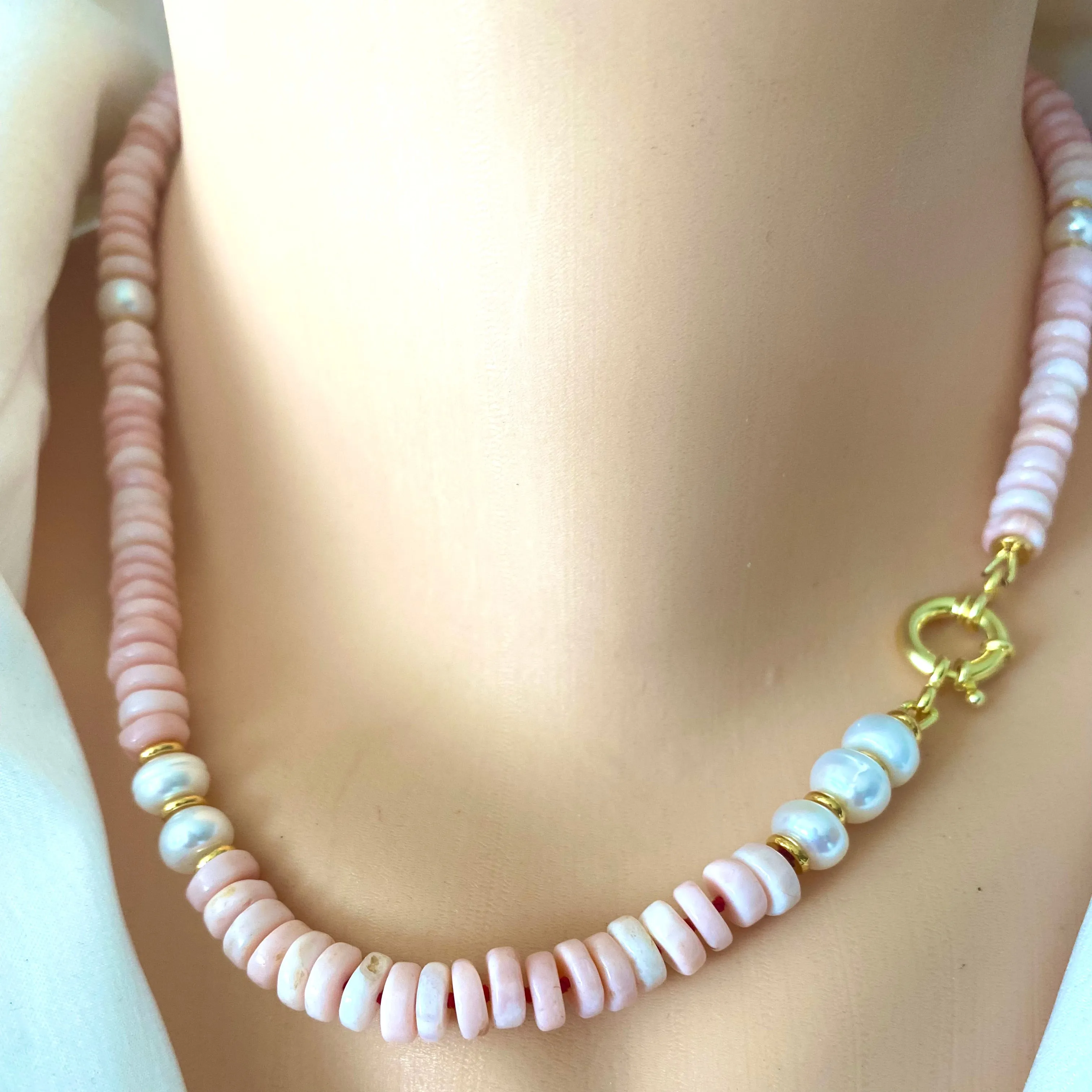 Pink Opal Tire Beads w Freshwater Pearls Necklace and Removable Baroque Pearl Pendant, 17.5inches