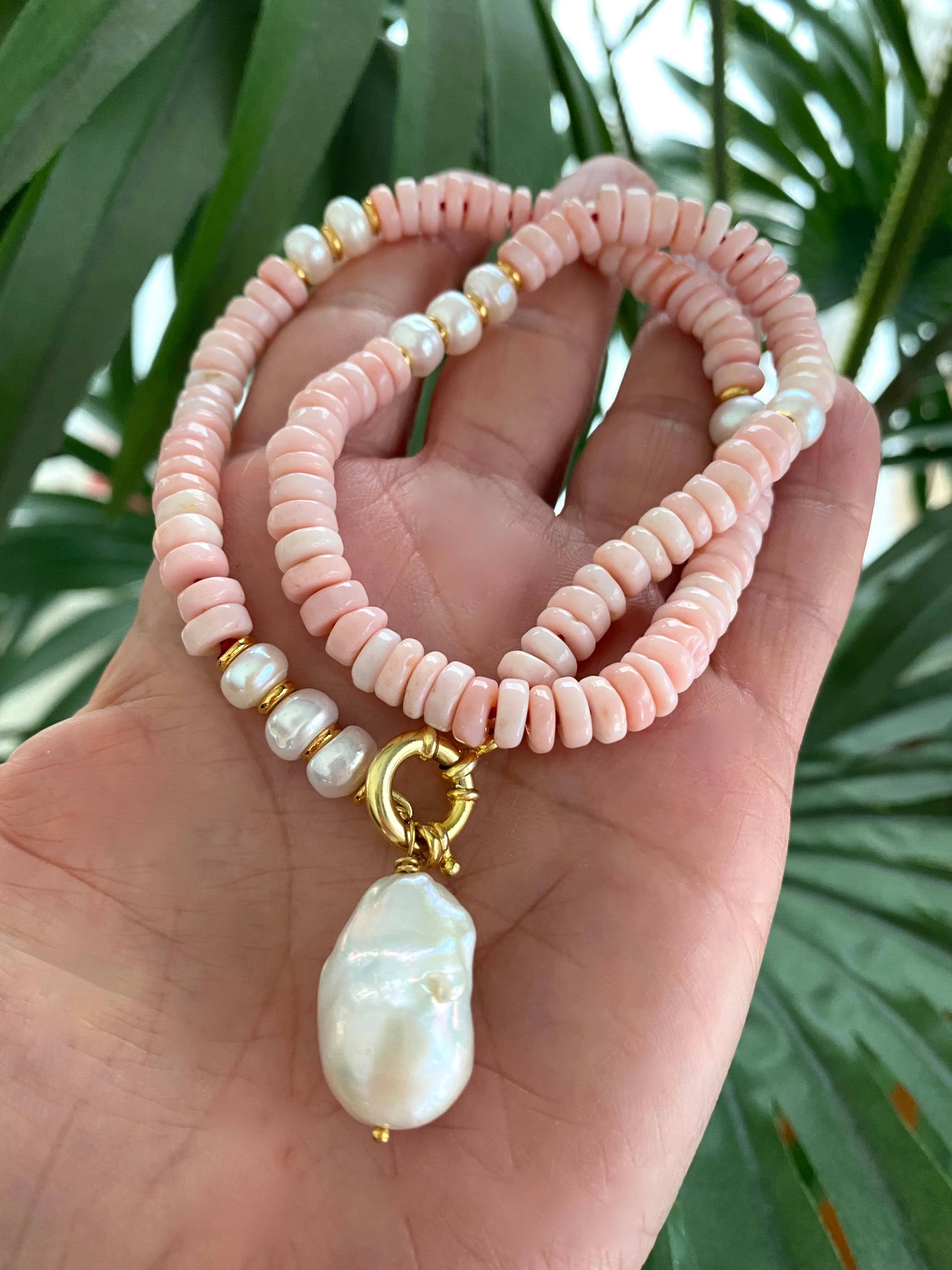 Pink Opal Tire Beads w Freshwater Pearls Necklace and Removable Baroque Pearl Pendant, 17.5inches