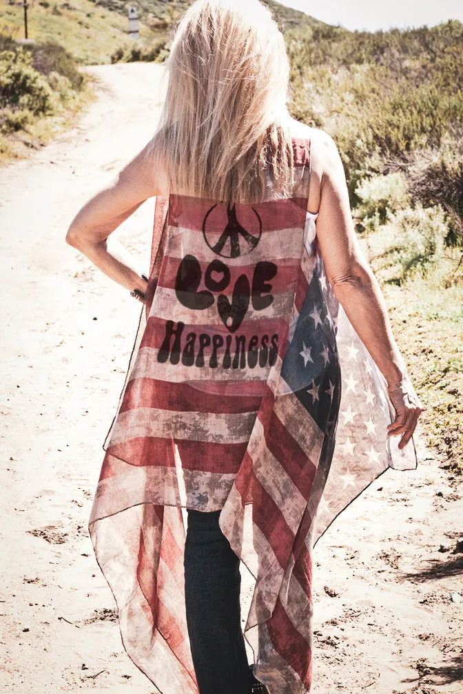 "Peace Love Happiness" Vintage American Flag Vest