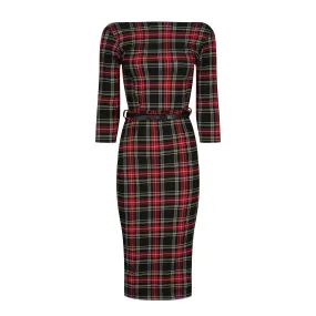 Red And Black Tartan 1/2 Sleeve Belted Bodycon Pencil Dress