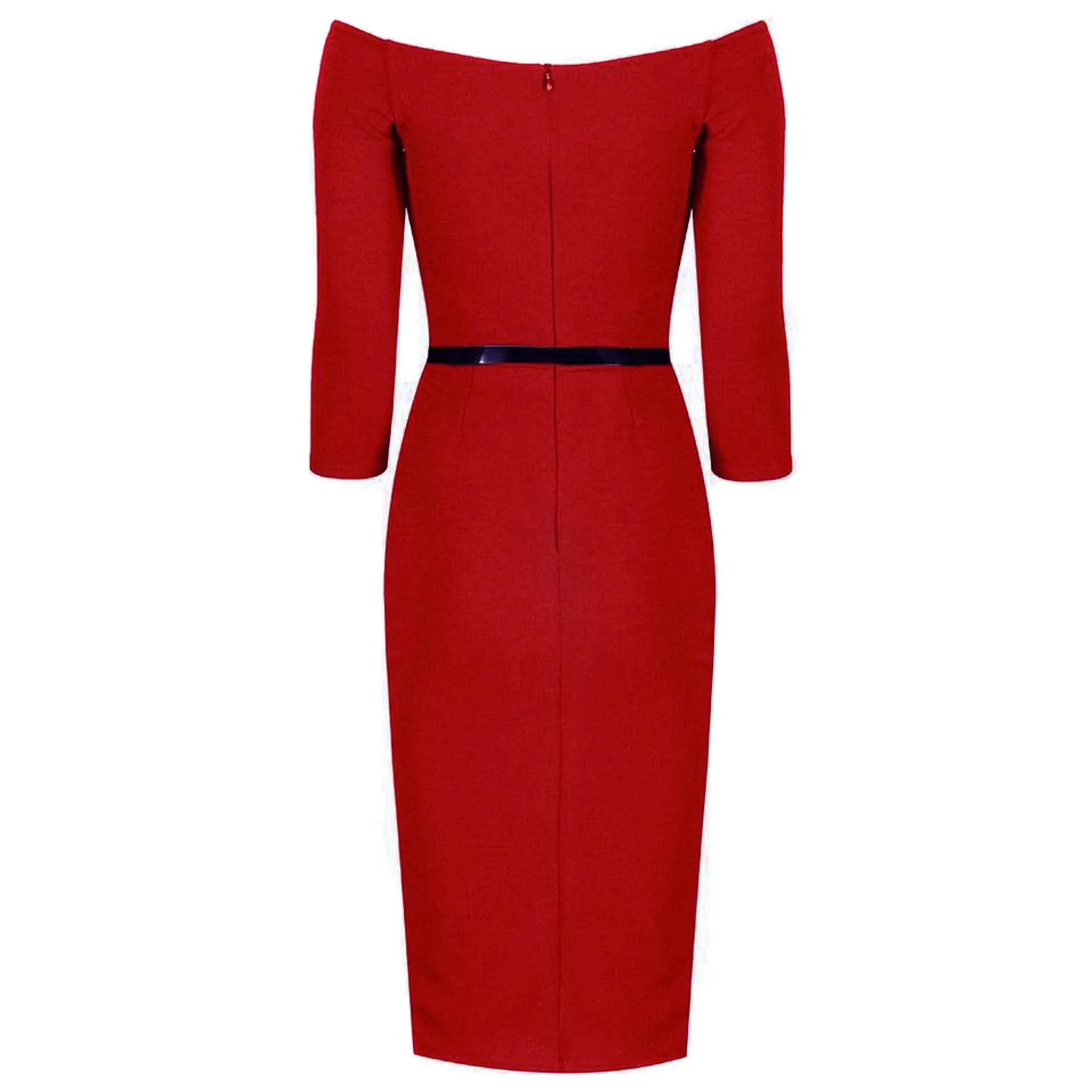 Red Wide V Neck 3/4 Sleeve Vintage Style Belted Pencil Dress