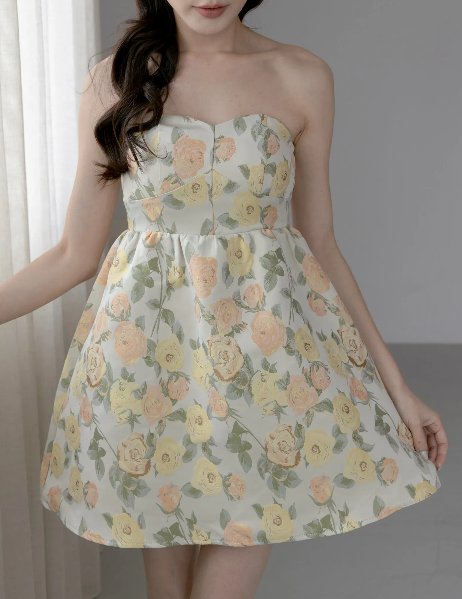 Roxanne Floral Jacquard Dress in Yellow