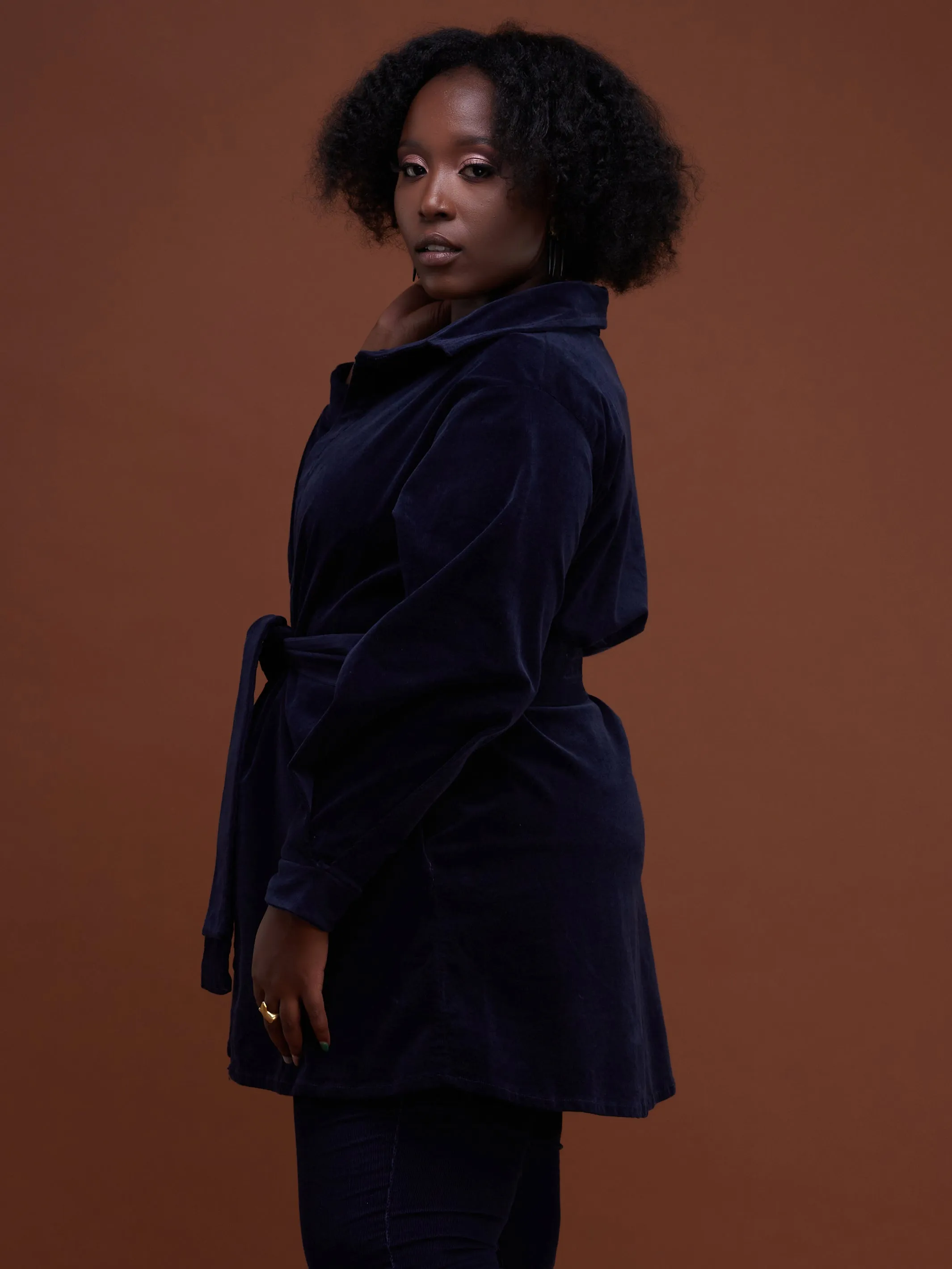 Safari Basic Belted Corduroy Coat (Long) - Navy Blue