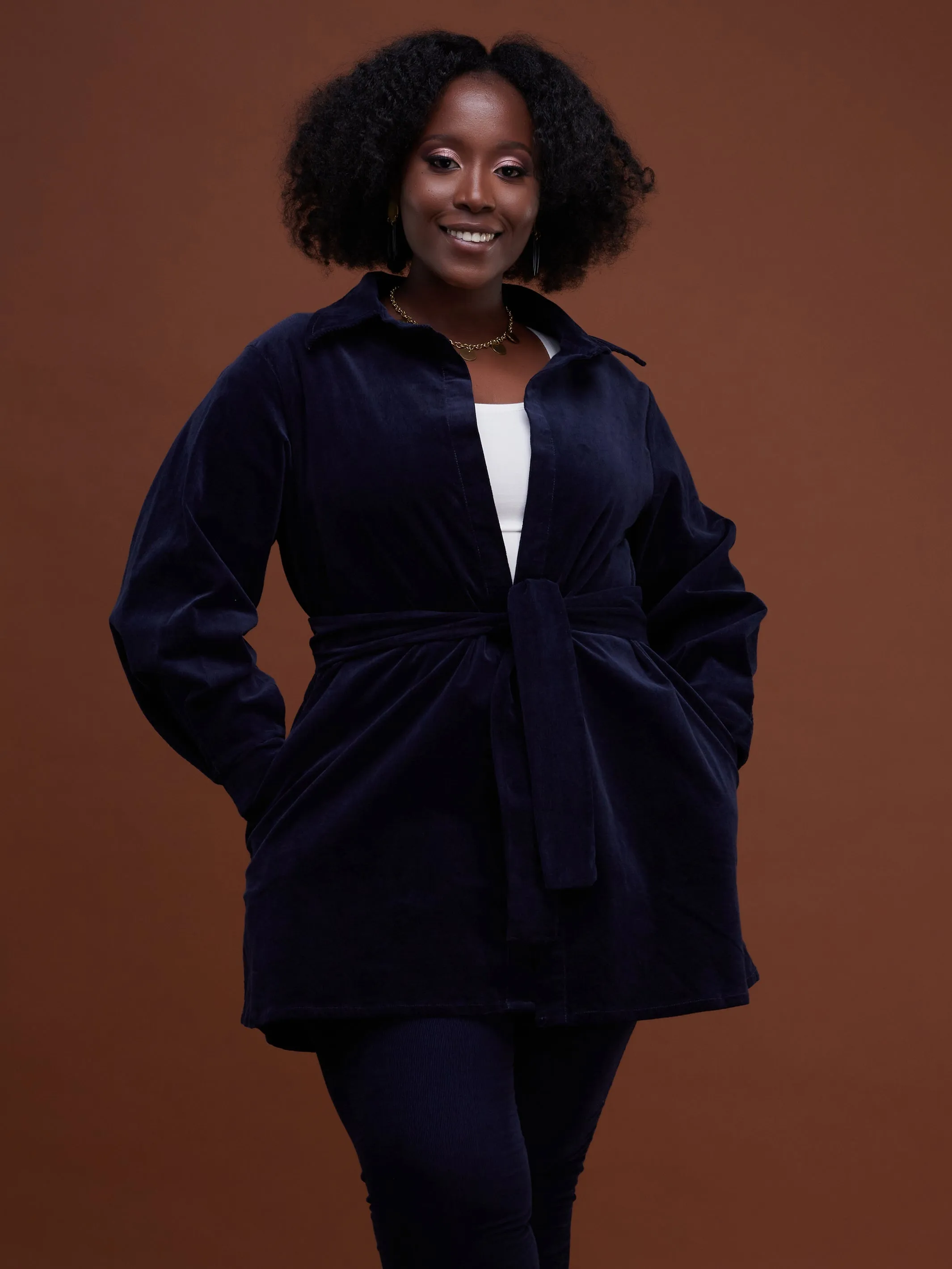 Safari Basic Belted Corduroy Coat (Long) - Navy Blue