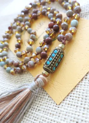 SALE - Jasper Crystal Mix Tassel Necklace with antique Tibetan Bohemian Bead